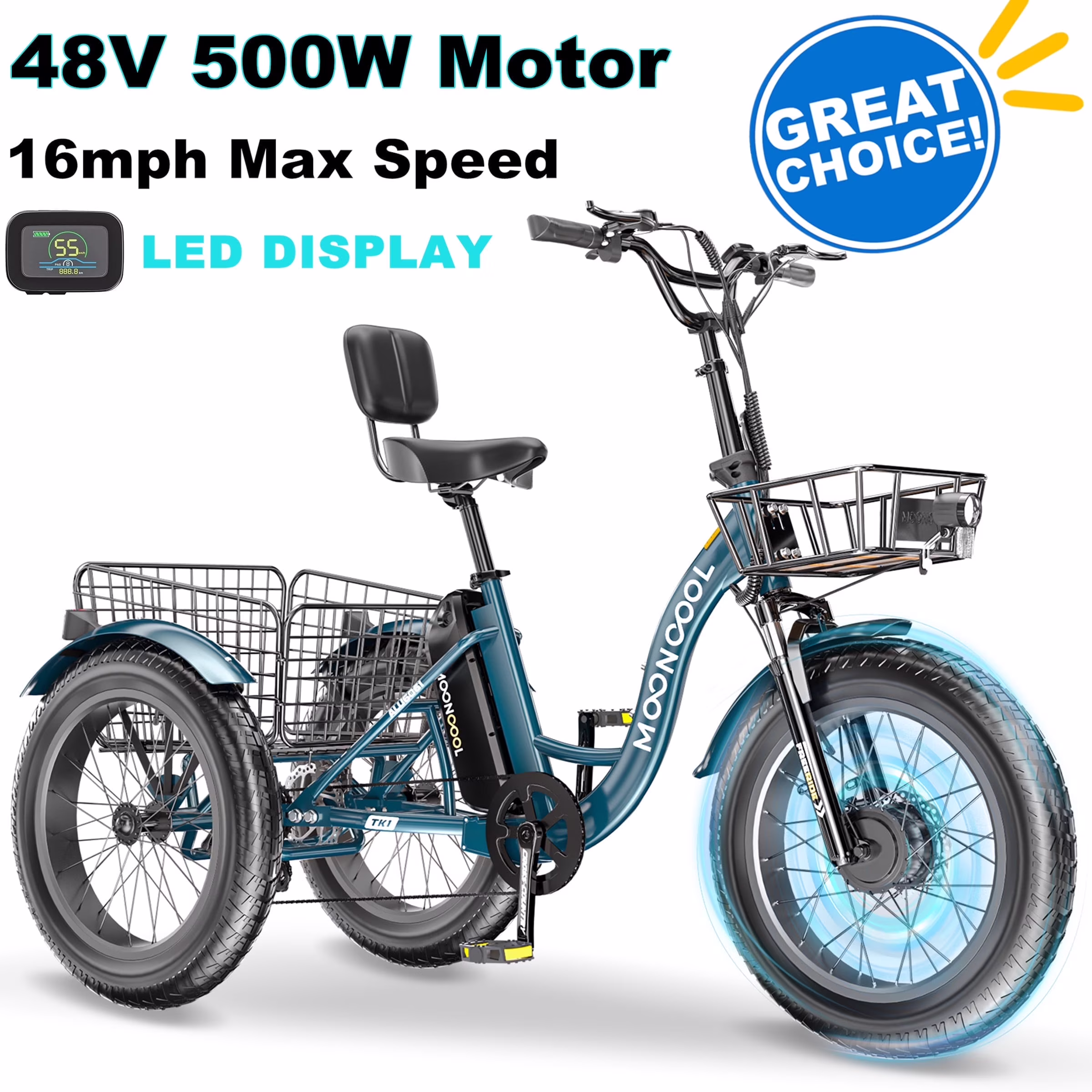 20" x 4" Fat Tire Electric Tricycle for Adult, 7 Speeds Electric Trike 48V 500W Motorized Tricycle , Electric Three Wheels Bicycle for Senior, Aluminum Frame & Rear Basket ,16mph - Image 11