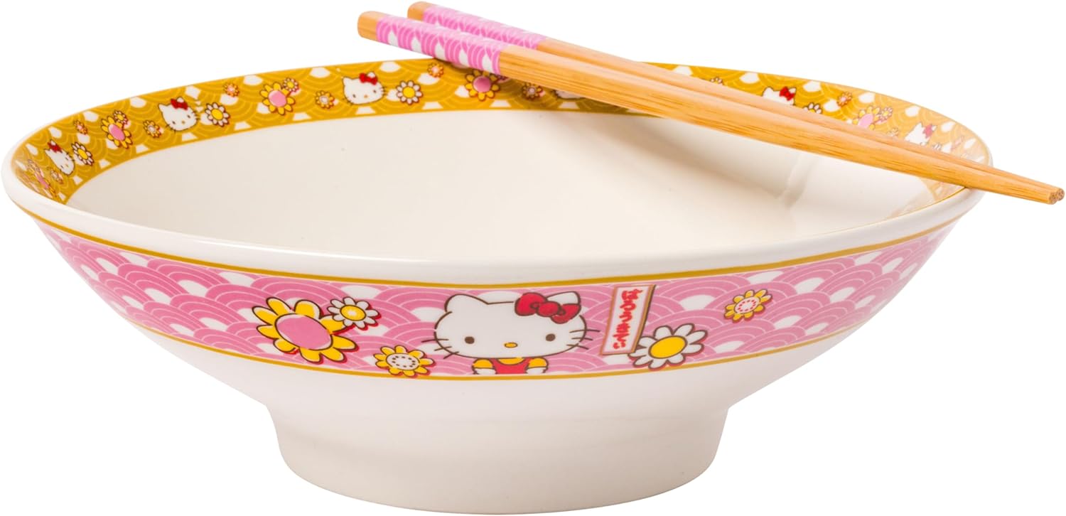 Silver Buffalo Sanrio Hello Kitty Face with Different Color Bows Pattern Ceramic Ramen Noodle Rice Bowl with Chopsticks, Microwave Safe, 20 Ounces