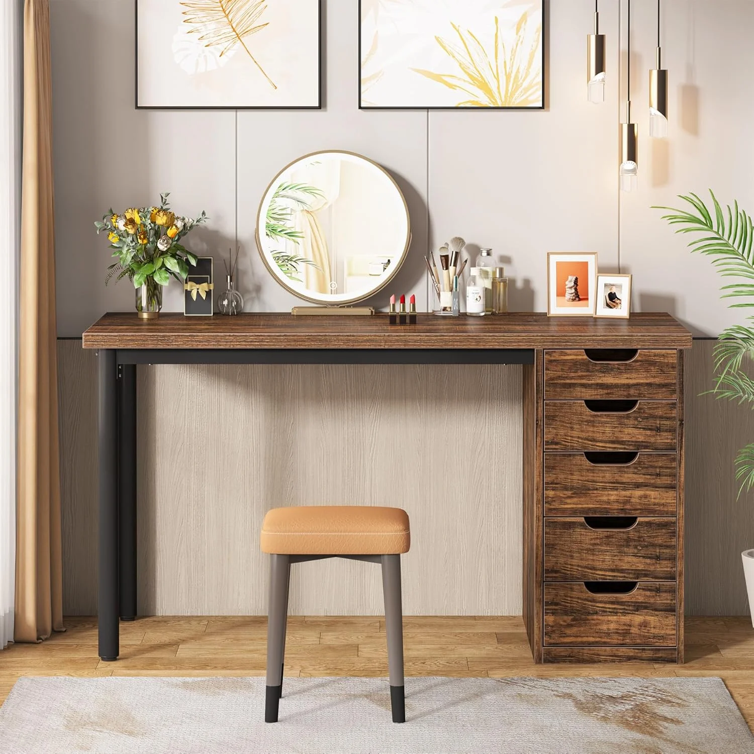 Tribesigns 47 inches Vanity Desk with 5 Drawers, Rustic Makeup Dressing Table with Storage, Modern Simple Computer Desk for Women, Girls (Brown) - Image 22