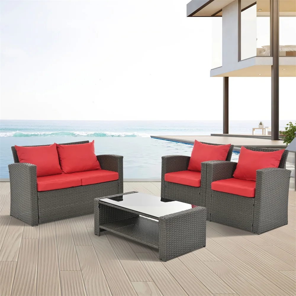 4 Pieces Patio Conversation Set, Outdoor Furniture Set with Cushion, Outside Sectional Rattan Wicker Sofa Furniture Set for Garden, Porch, Backyard, Gray - Image 25