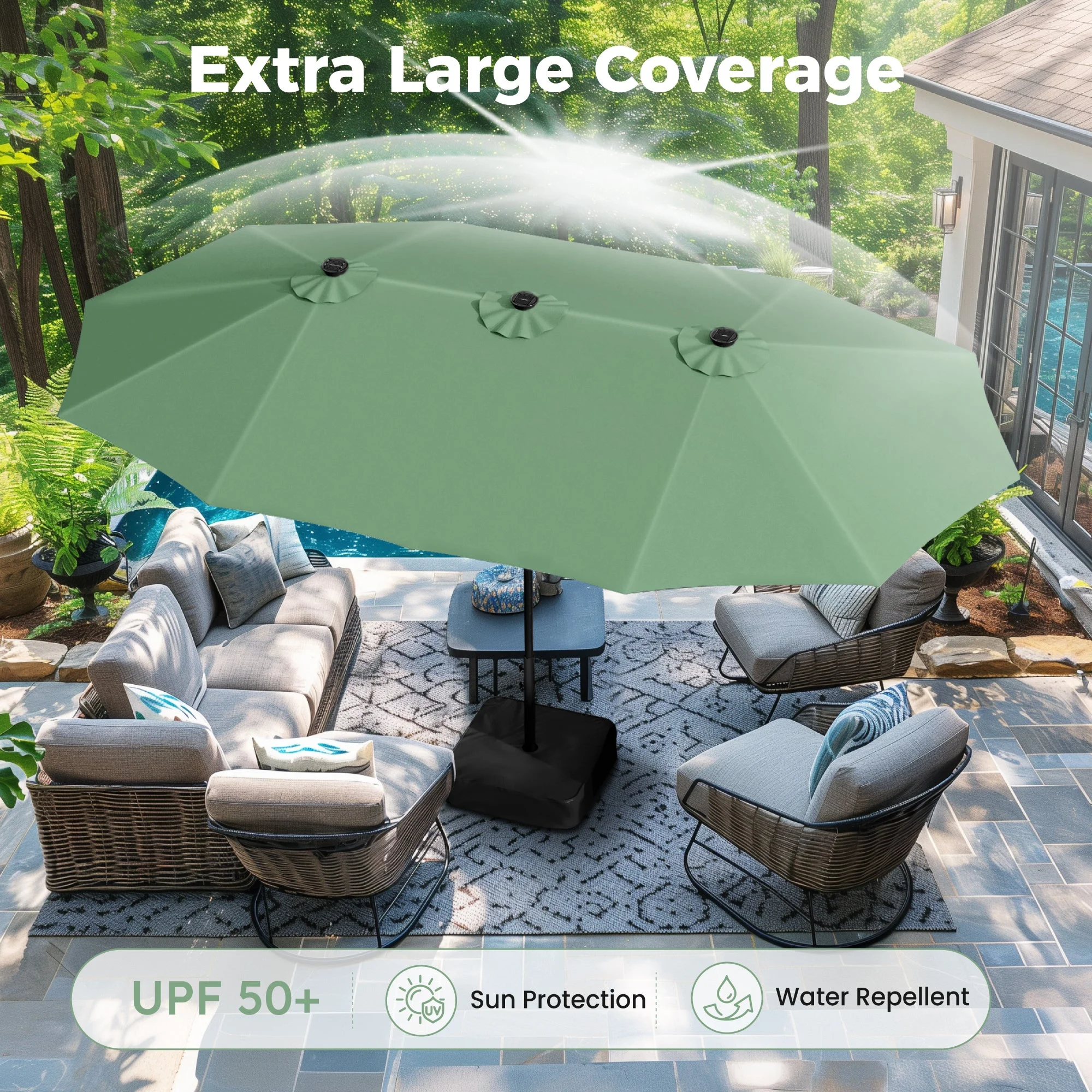 Alpha Joy 15ft Extra Large Outdoor Patio Double-Sided Umbrella with LED Solar Lights & Umbrella Base, Beige - Image 56
