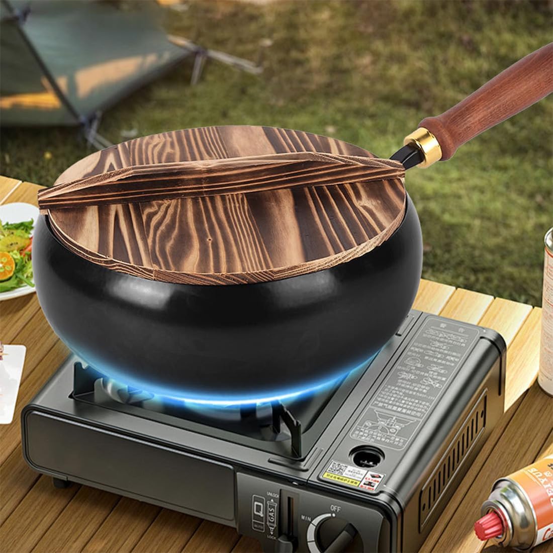 Japanese Cast Iron Wok Pan - Uncoated Healthy Cooking Pot with Lid, Japanese Cast Iron Pot, Hand-Hammered Uncoated Healthy Non Stick Frying Pans Made in Japan (Hand-Hammered + Wood Lid, 9.5'')