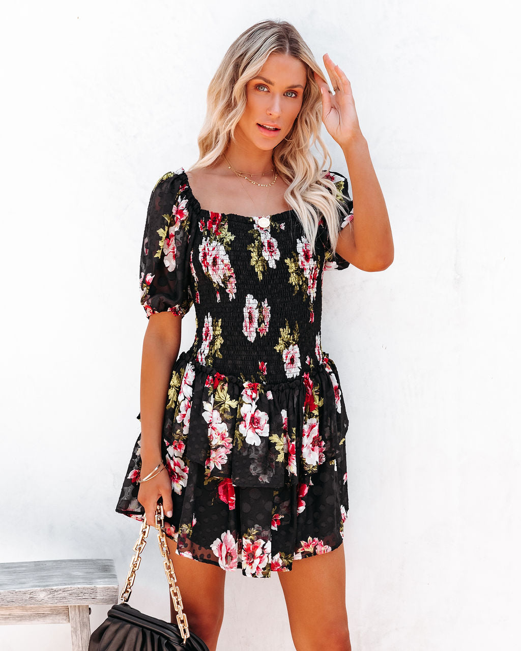 Ready For Romance Embossed Smocked Floral Mini Dress - FINAL SALE - Se7enfashion
