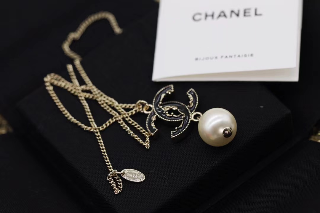 Chanel Black Double C Pearl Drop Pendant Necklace - Original Replica Club