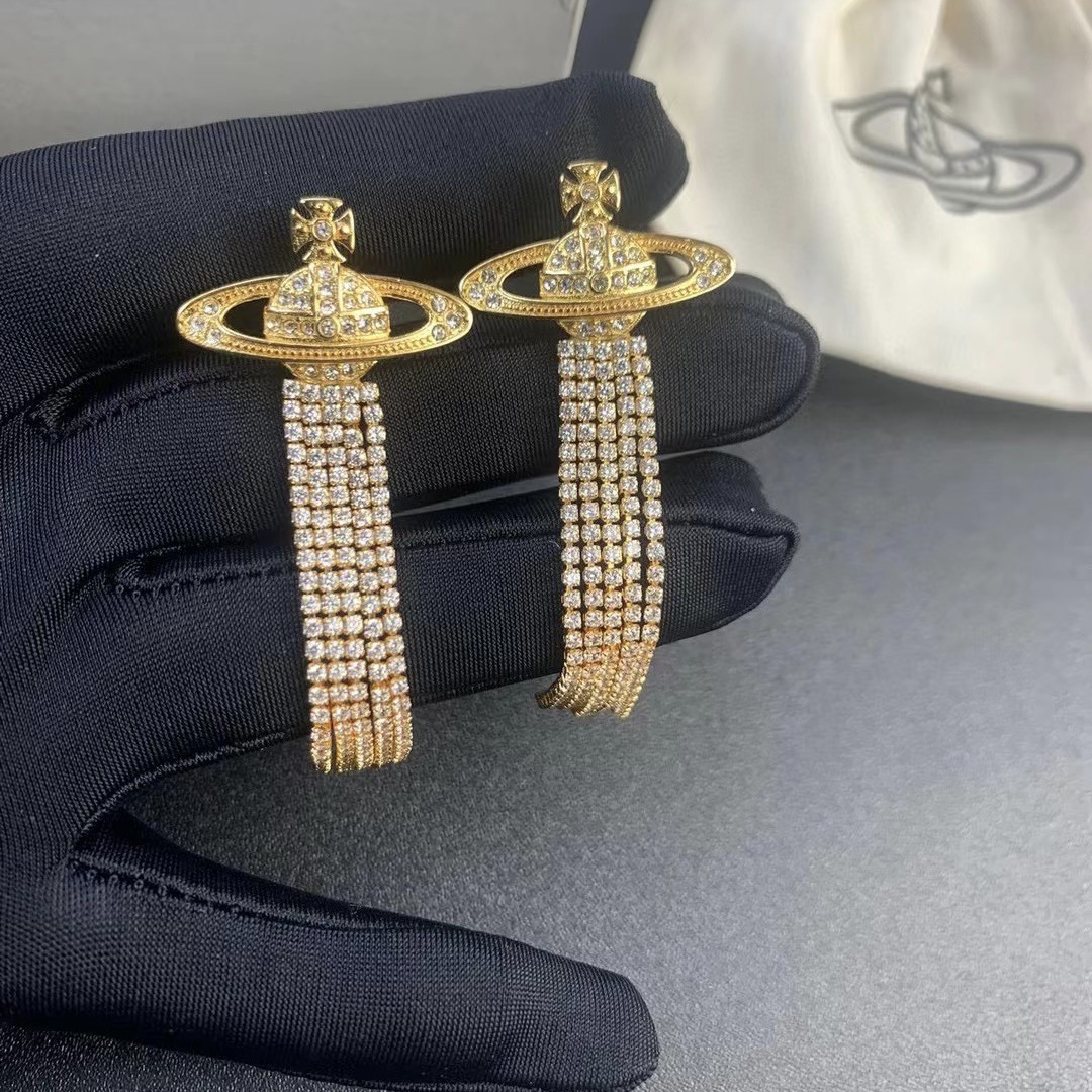 Vivienne Westwood Party Queen Rhinestone Tassel Saturn Earrings - Original Replica Club