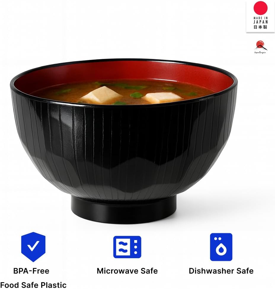 2-Pack Japanese Soup Bowls, Traditional Miso & Rice Bowls, Microwave & Dishwasher Safe, Made in Japan, Black/Red