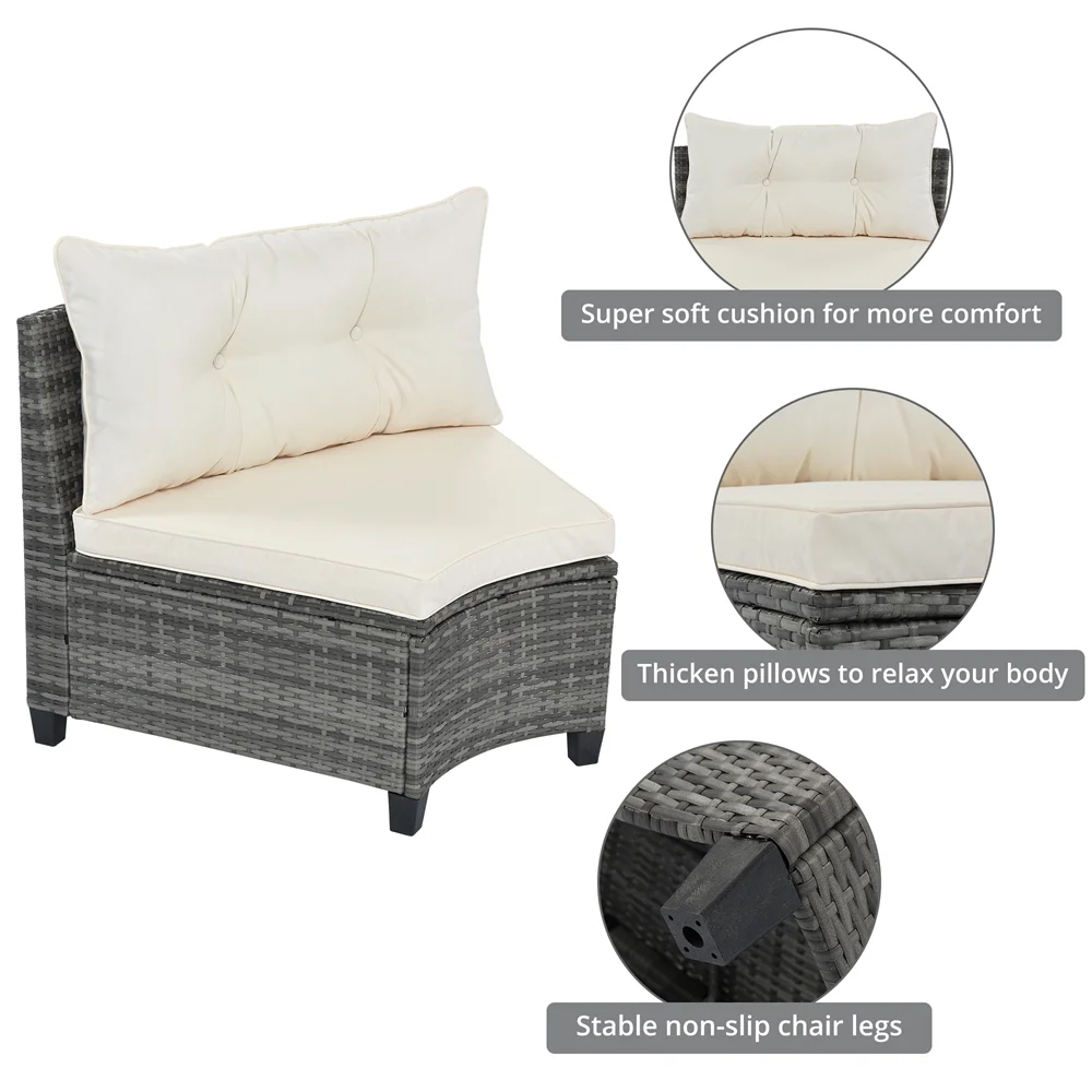 8 Pieces Outdoor Wicker Round Furniture Set, All Weather Half-Moon Sectional Patio Sofa Sets with Rectangular Coffee Table, Beige - Image 12
