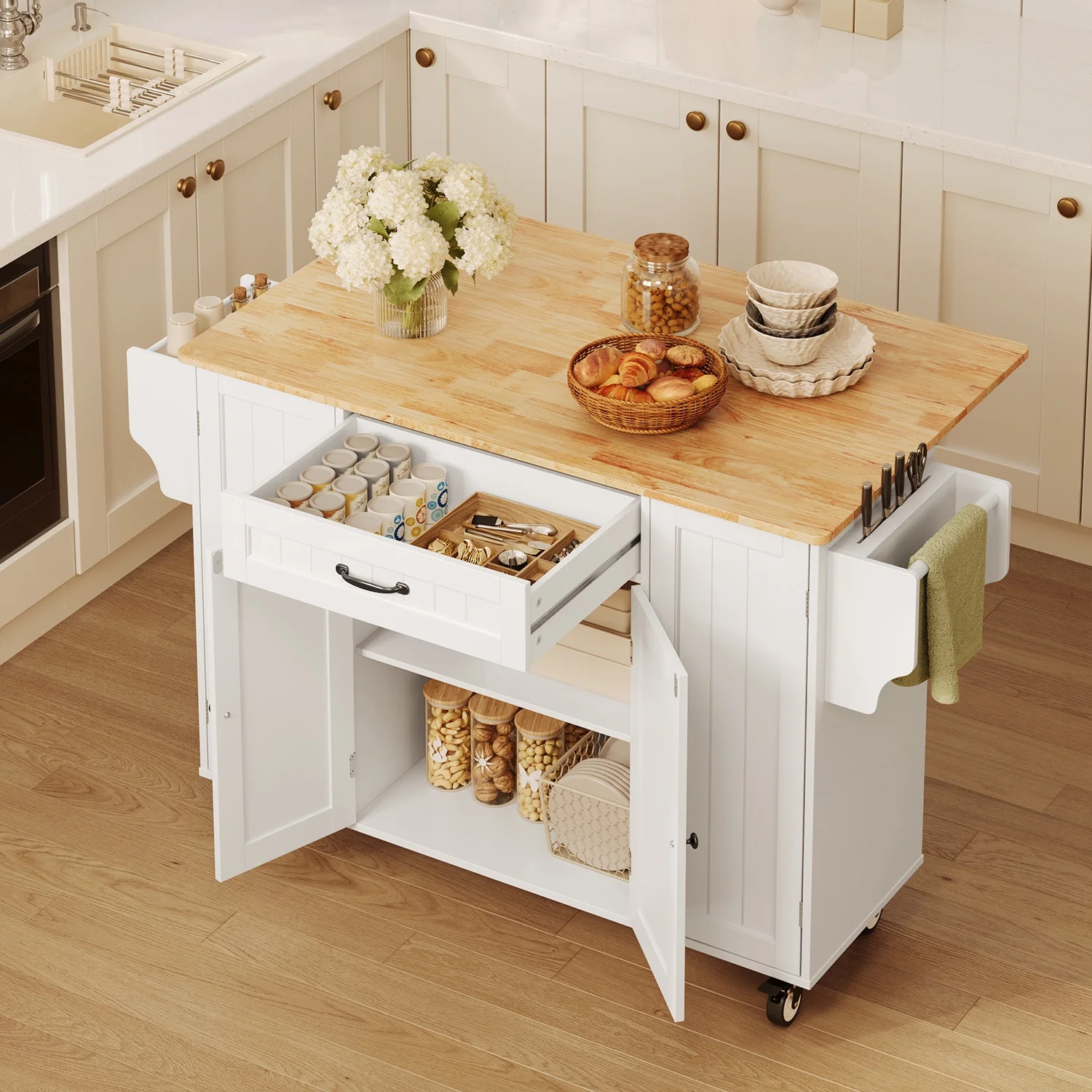 Noelse Kitchen Island with Storage, Island Table for Kitchen with Drop Leaf, Spice Rack, Towel Bar for Small Kitchens, White - Image 18