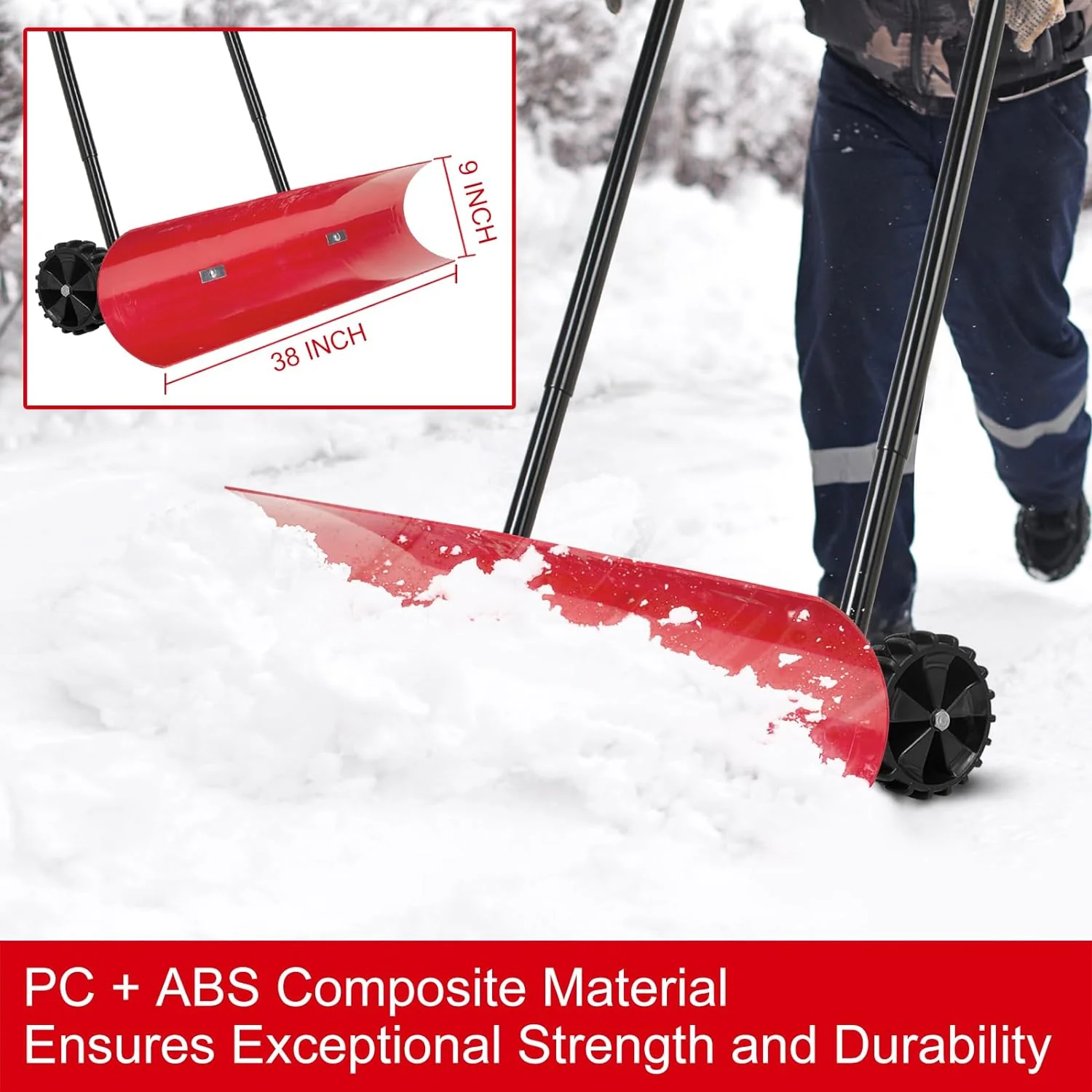 38 Inch Snow Shovel for Driveway,Bi-Direction Heavy Duty Snow Pusher with Wheels and Angled Blade for Efficient Snow Removal, Back Saver Snow Plow for Dorway Sidewalk - Big Wheels