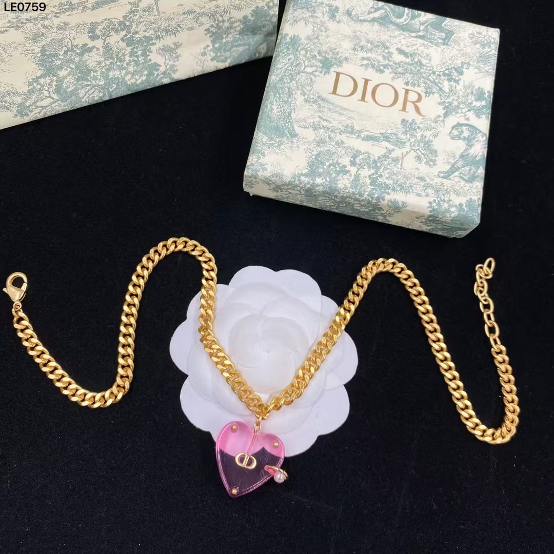 Dior Chunky Cuban Chain Big Pink Heart Pendant Necklace - Original Replica Club