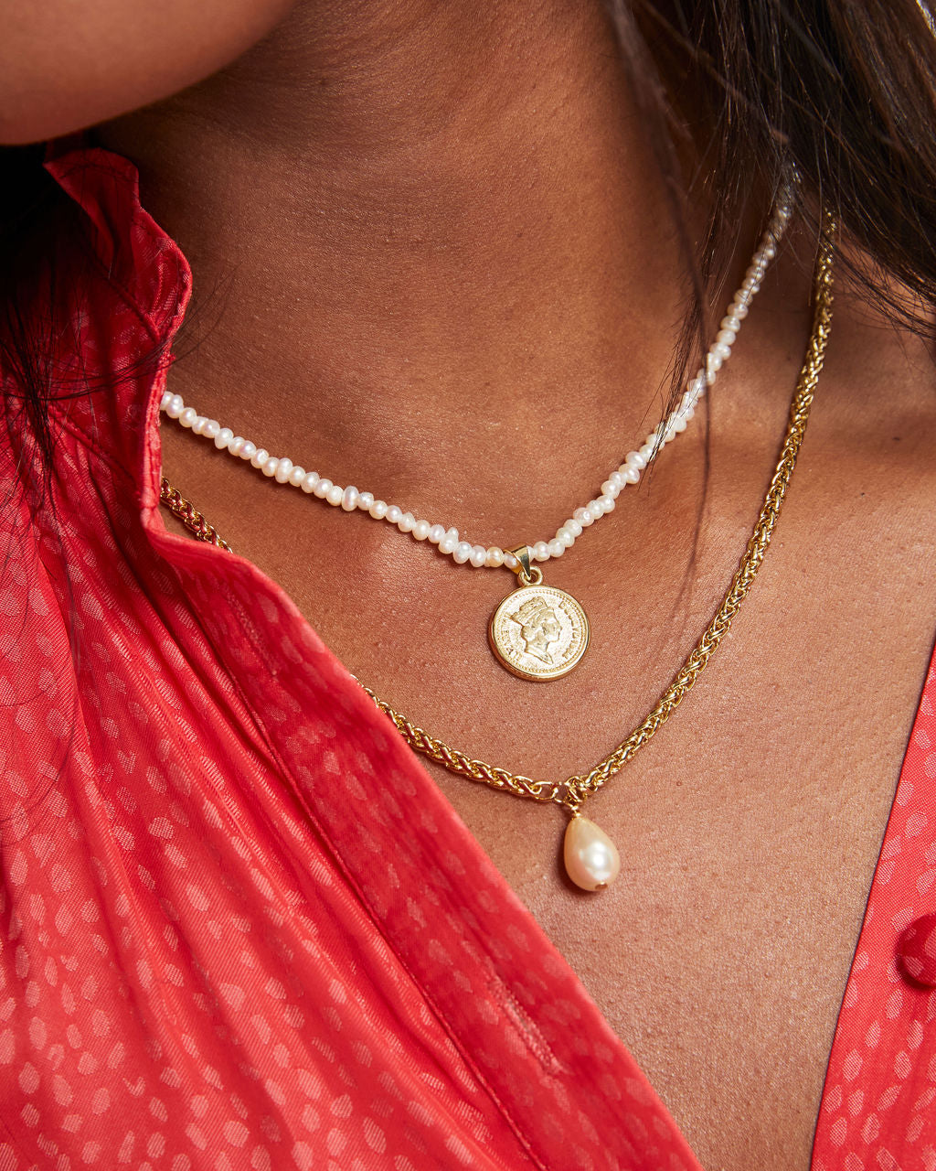 Shashi - Brittany Pearl Coin Layered Necklace - Gold - Se7enfashion