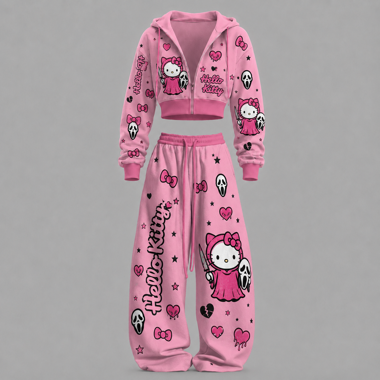 HelloKitty-Short zip-up sweatshirt set TeeThreads Sustain the Scene with Custom Apparel