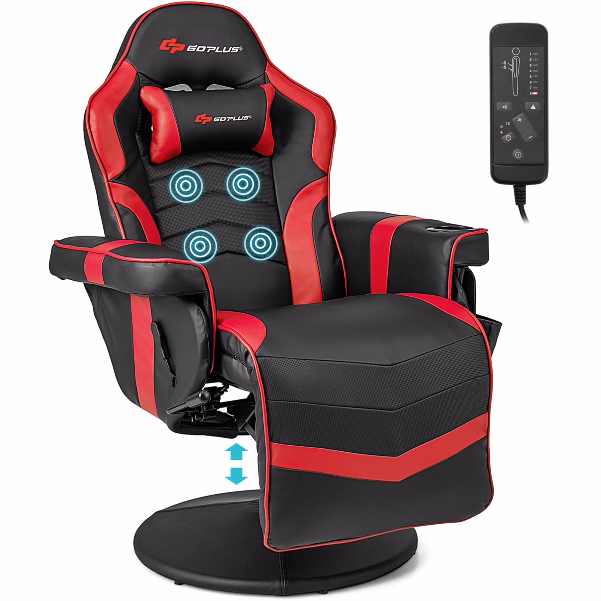 Goplus Massage Gaming Recliner Height Adjustable Racing Swivel Chair with Cup Holder Red(Red)