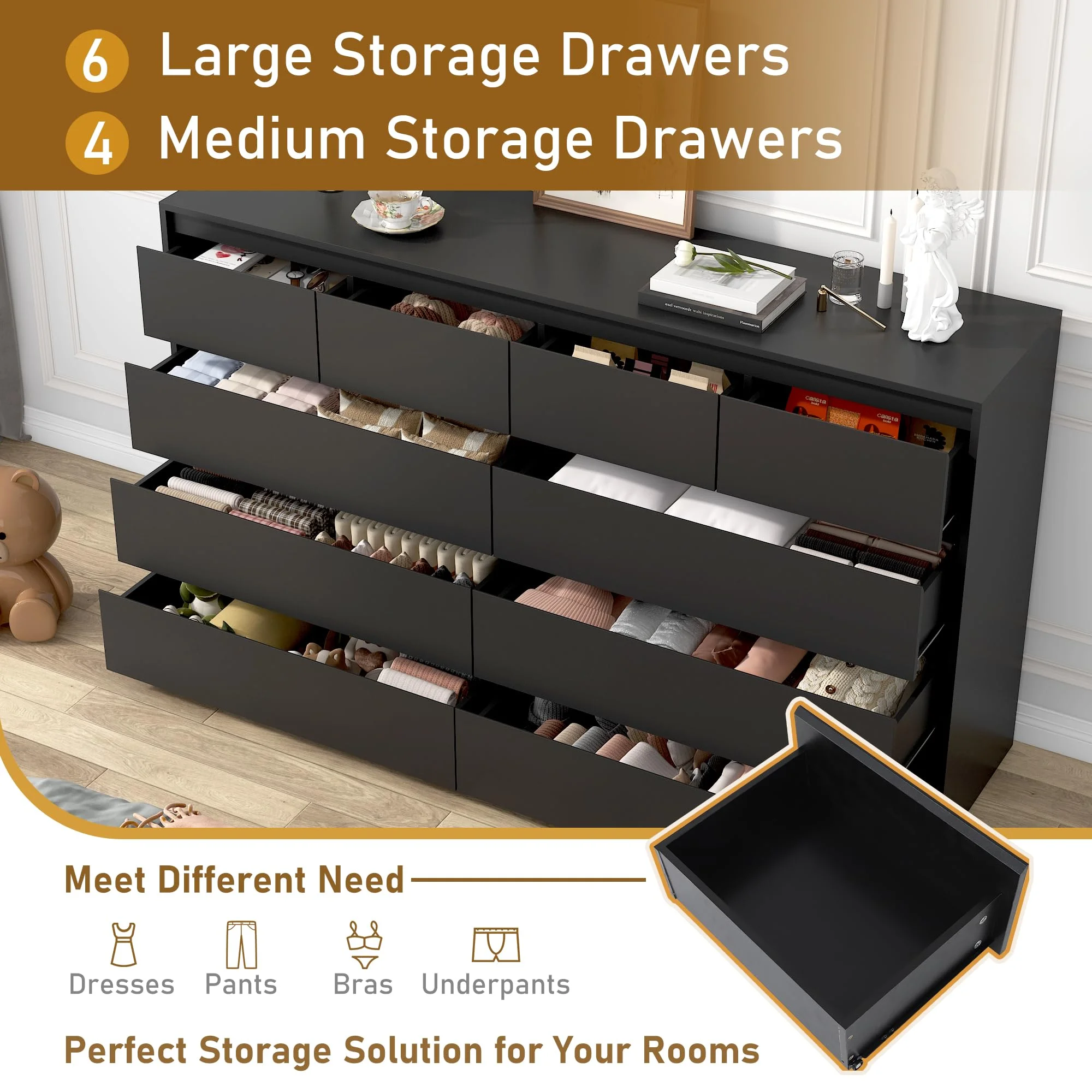 ChVans Black 9 Drawers Dresser with Charging Station, 63" Long Modern Dresser with 9 Drawers for Bedroom, Large Wood Chest of Drawers Handle Free, Dresser for Bedroom, Living Room, Hallway - Image 24