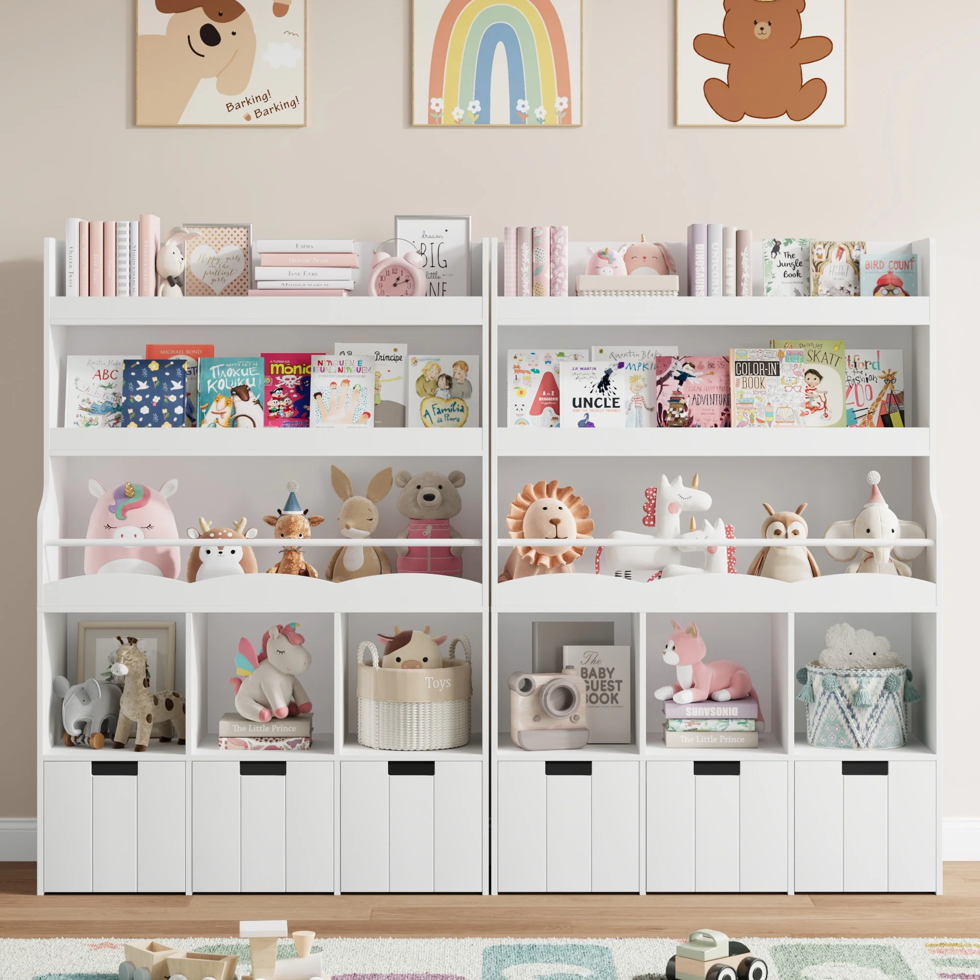 Homfa 55.5- H Kids Bookshelf with 2-Tier Book Shelves, Children Toy Organizer with 3 Cubes and Removable Drawers, White - Image 4