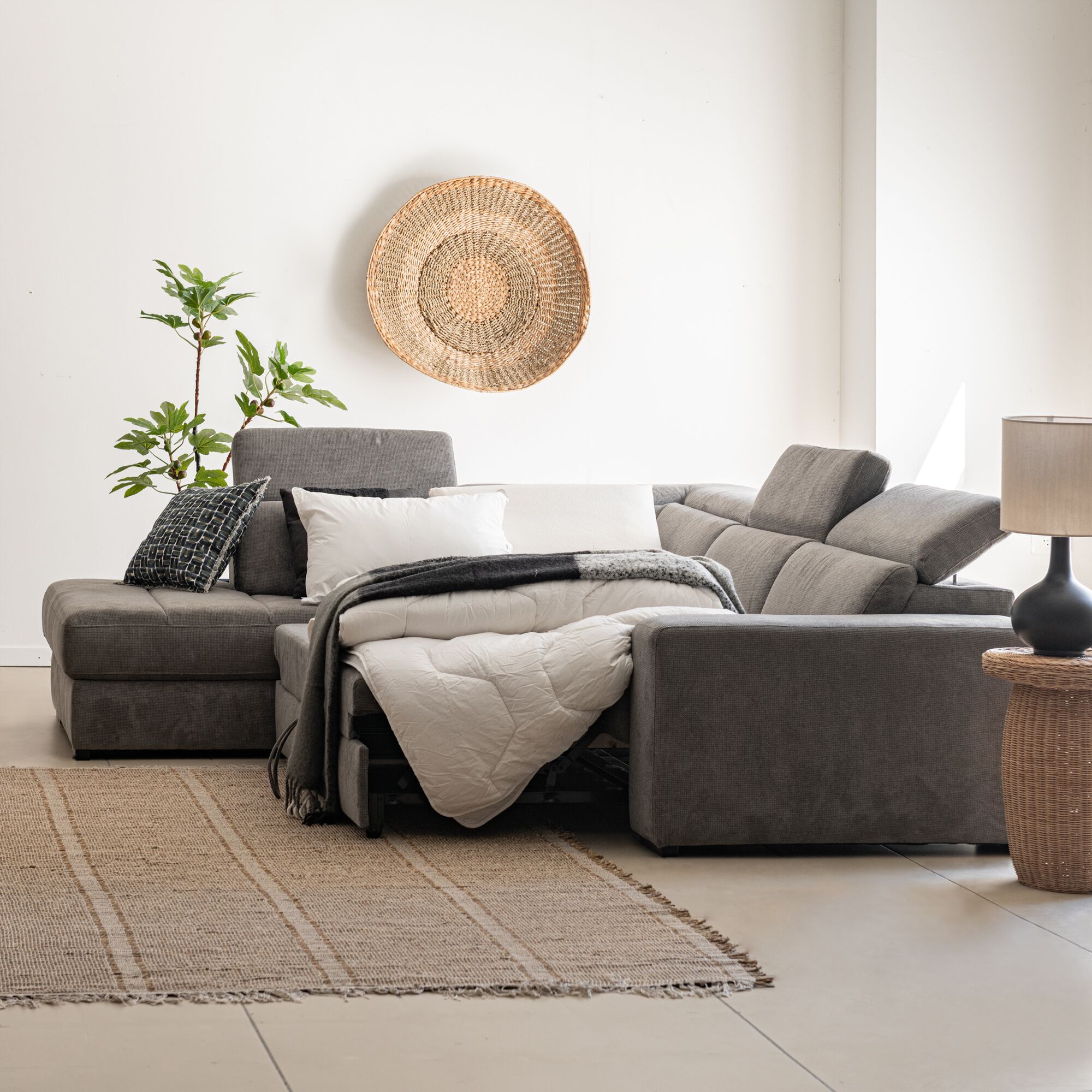 ORIGANO - Canapé d'angle gauche convertible avec coffre en tissu doux - gris