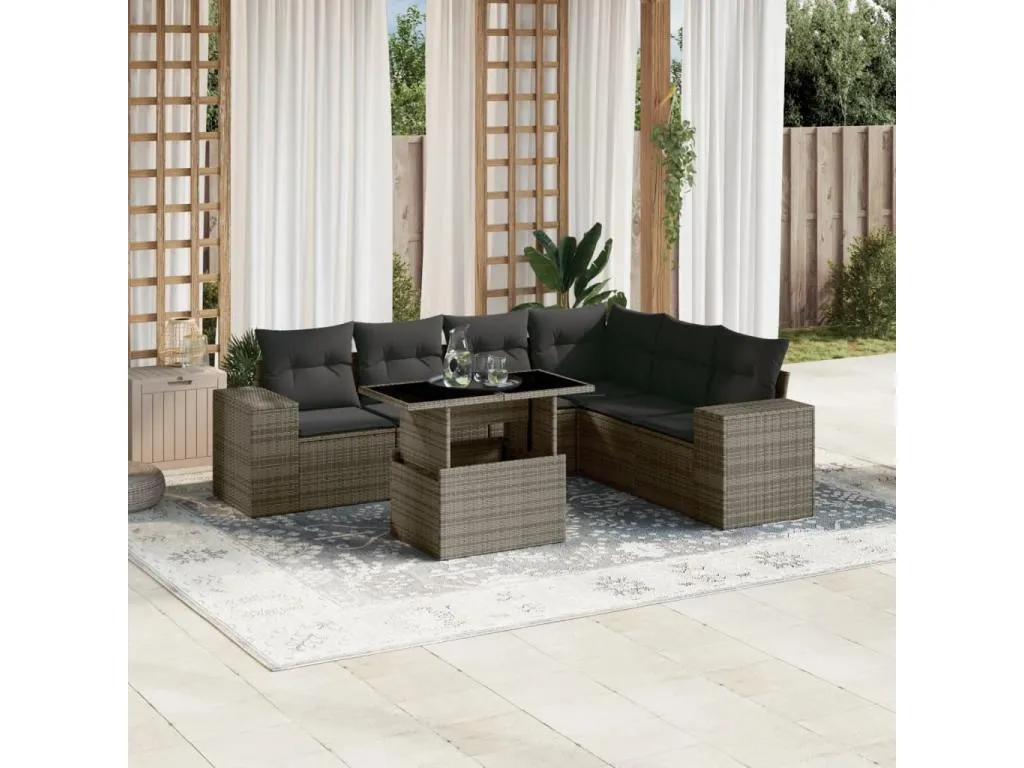 Set de sofás de jardín 7 pzas con cojines ratán sintético gris sxry99830