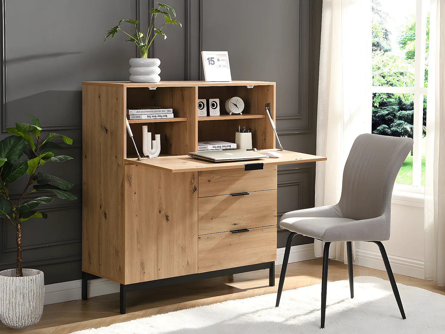 Escritorio con 2 puertas y 3 cajones - MDF y metal - Beige - ERWIN