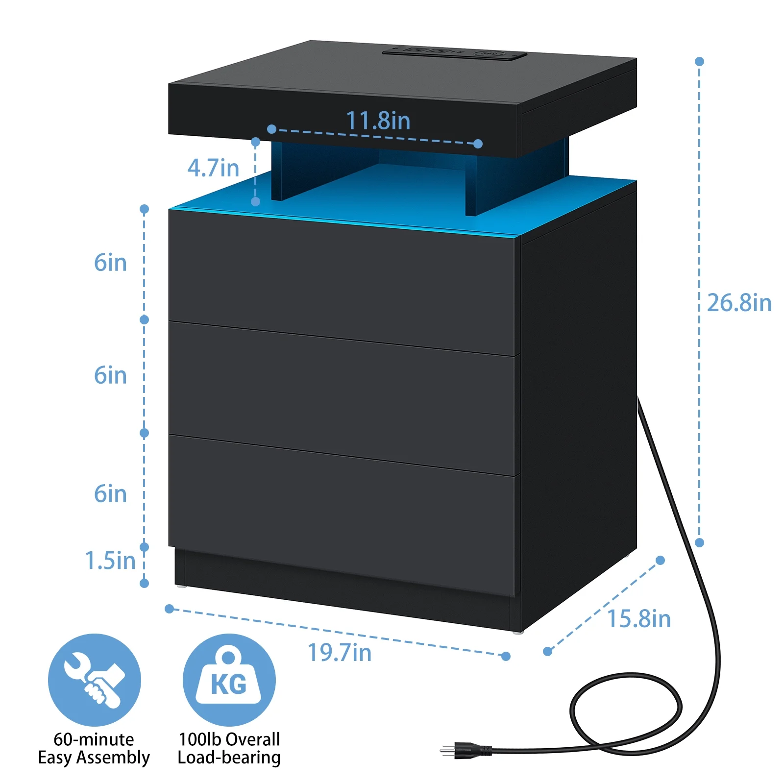 Hommpa LED Nightstand Wireless Charging Station USB Type C Outlets Bedside Table 3 Drawers Black Night Table Modern Smart Nightstand High Gloss End Side Table for Bedroom Furniture 26.8" Tall - Image 4