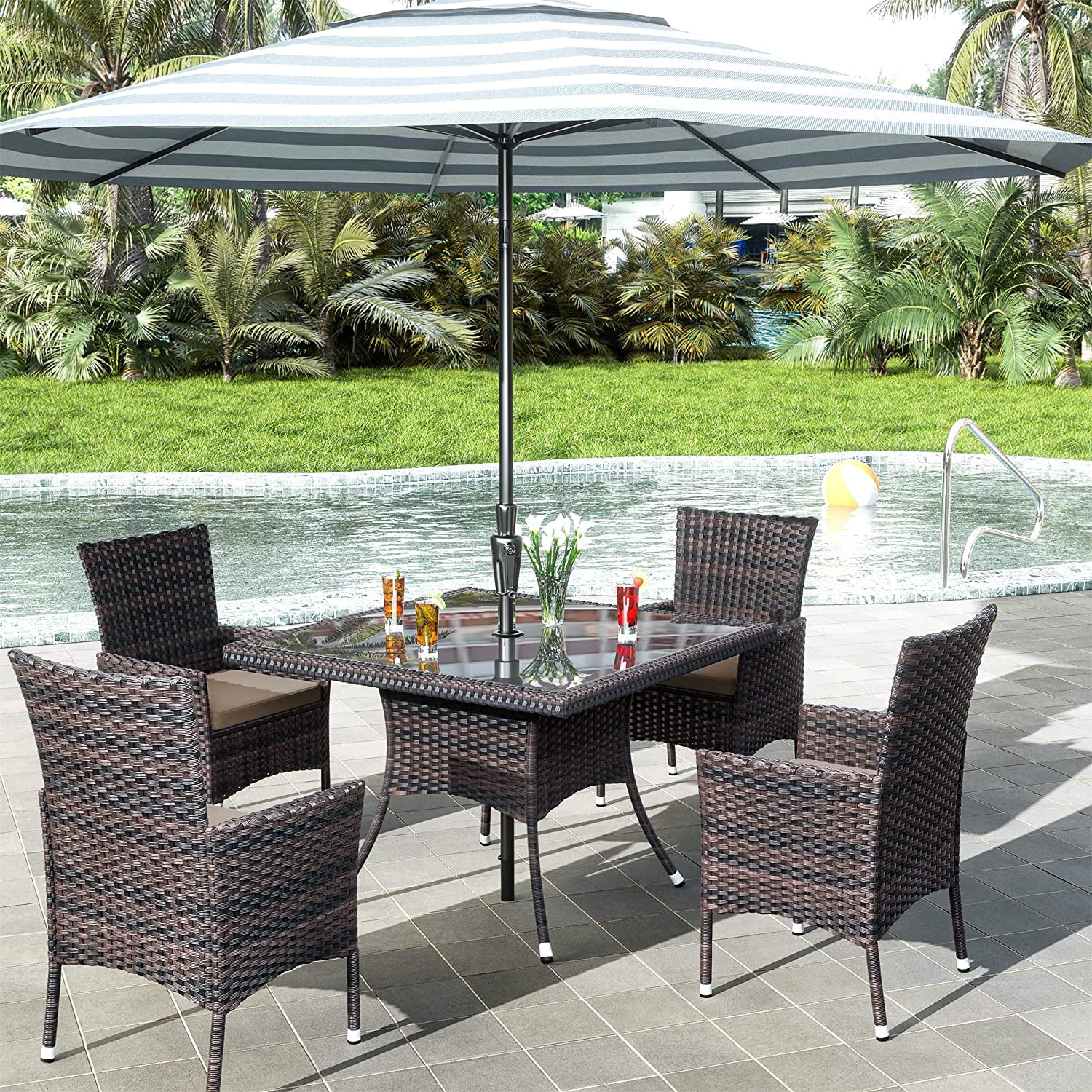 ALAULM 5 Pieces Patio Dining Set Outdoor Rattan Furniture with Square Glass Tabletop 4 Chairs with Cushions for Patio, Backyard Outdoor Kitchen Lawn & Garden Blue - Image 38