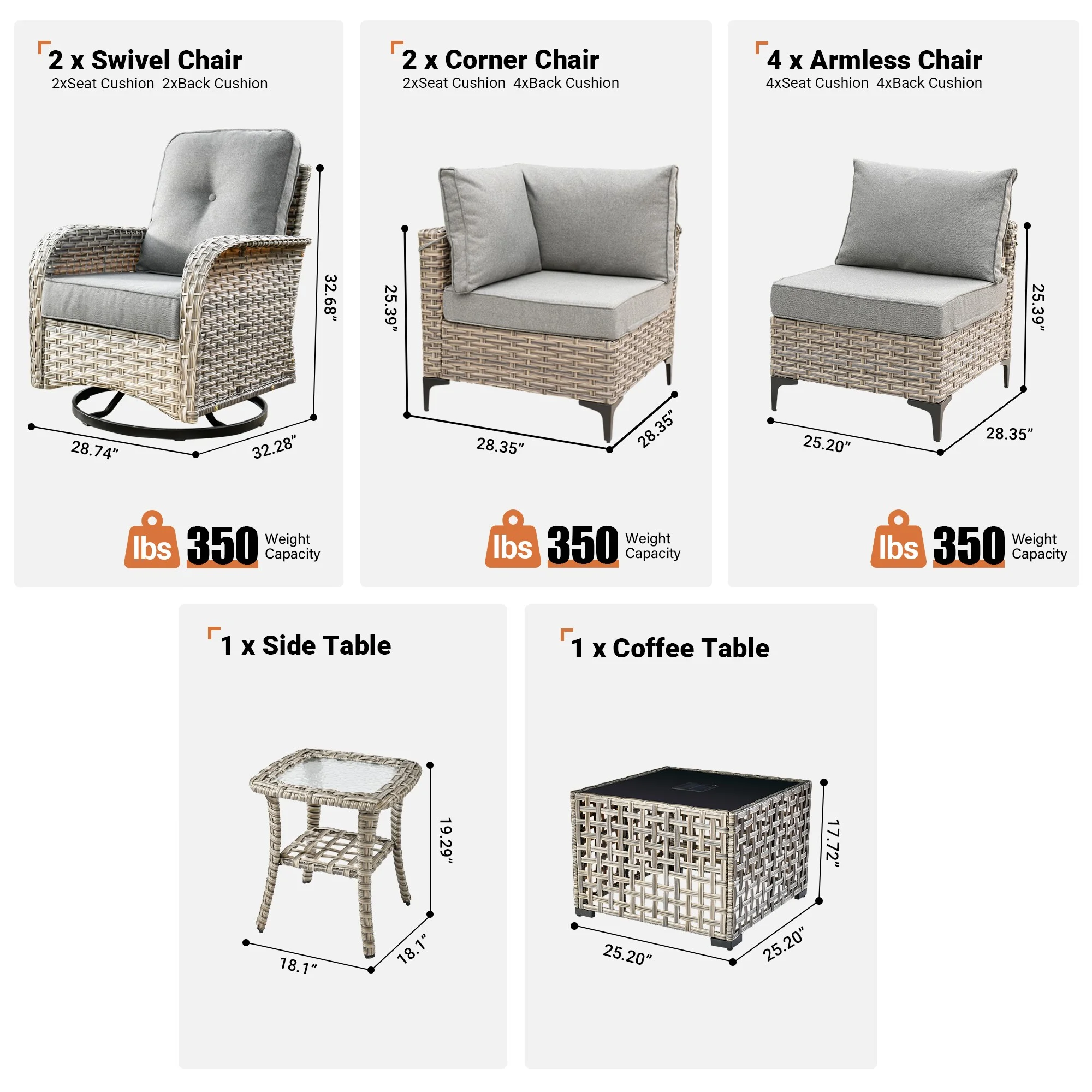 Vcatnet Outdoor Patio Furniture Sets 10 Pieces Sectional Sofa Wicker Conversation Set with Swivel Glider Chairs and Solar Powered Coffee Table for Porch,Backyard,Gray - Image 30