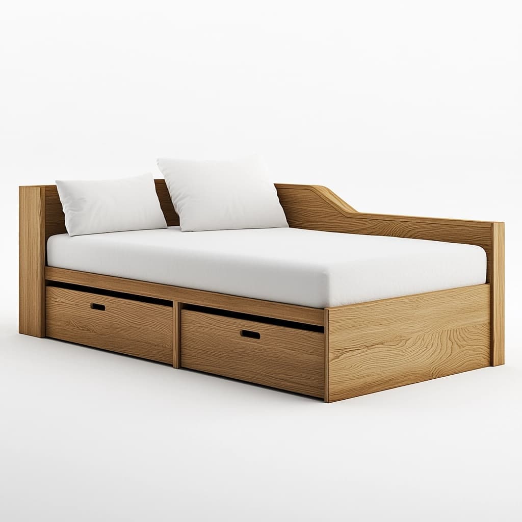 Sofá Cama de Madera de Roble Natural con Cajones Almacenaje 200x90 cm