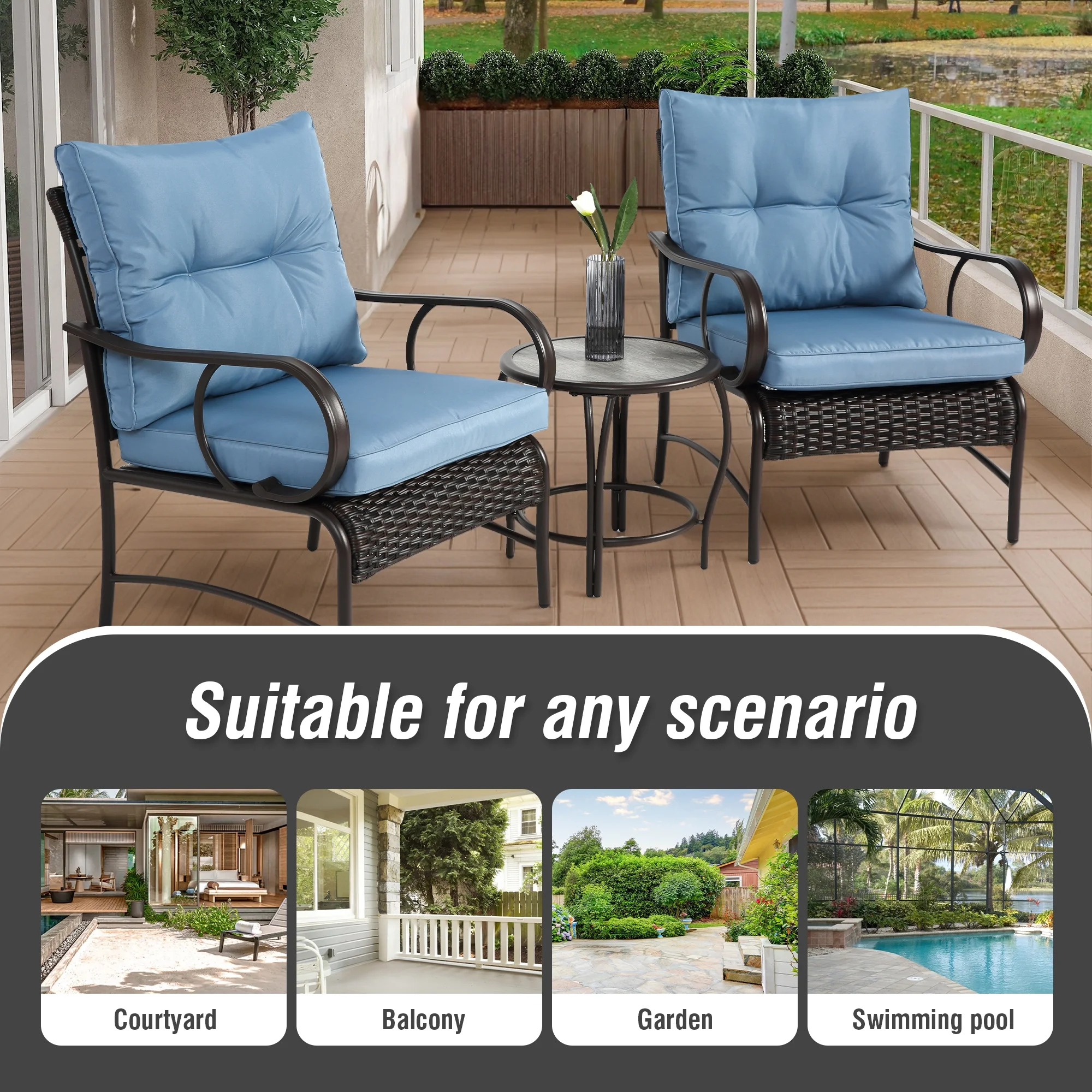 Villeston 3 Piece Outdoor Wicker Conversation Patio Set, with 2 Chairs, Table for Porch Garden,Blue - Image 6