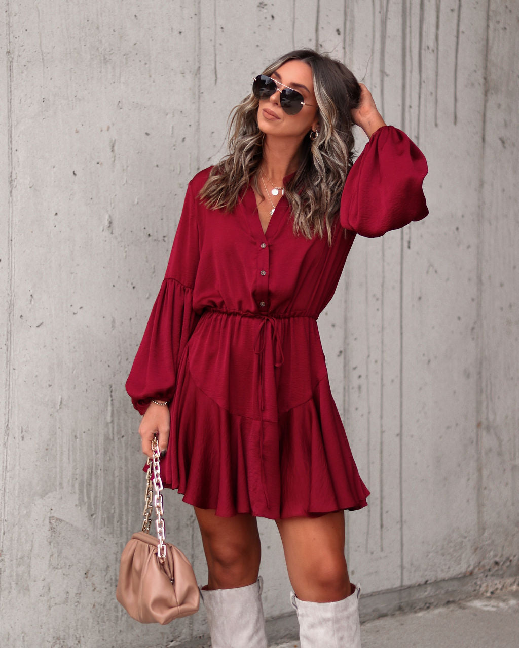 Ruthie Satin Mini Dress - Wine - Se7enfashion