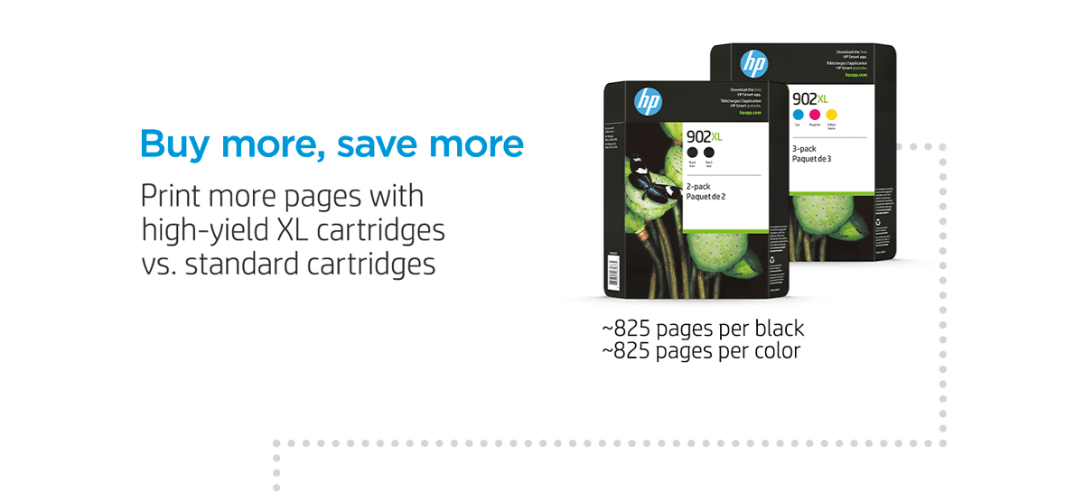 Buy more, save more when you print more pages with high-yield XL cartridges vs. standard cartridges: The 902XL Black 2-pack (2 XL Black) and the 902XL cmy 3-pack (1 XL cyan, 1 XL magenta, 1 XL yellow) get ~750 pages per Black & ~750 pages per Color.