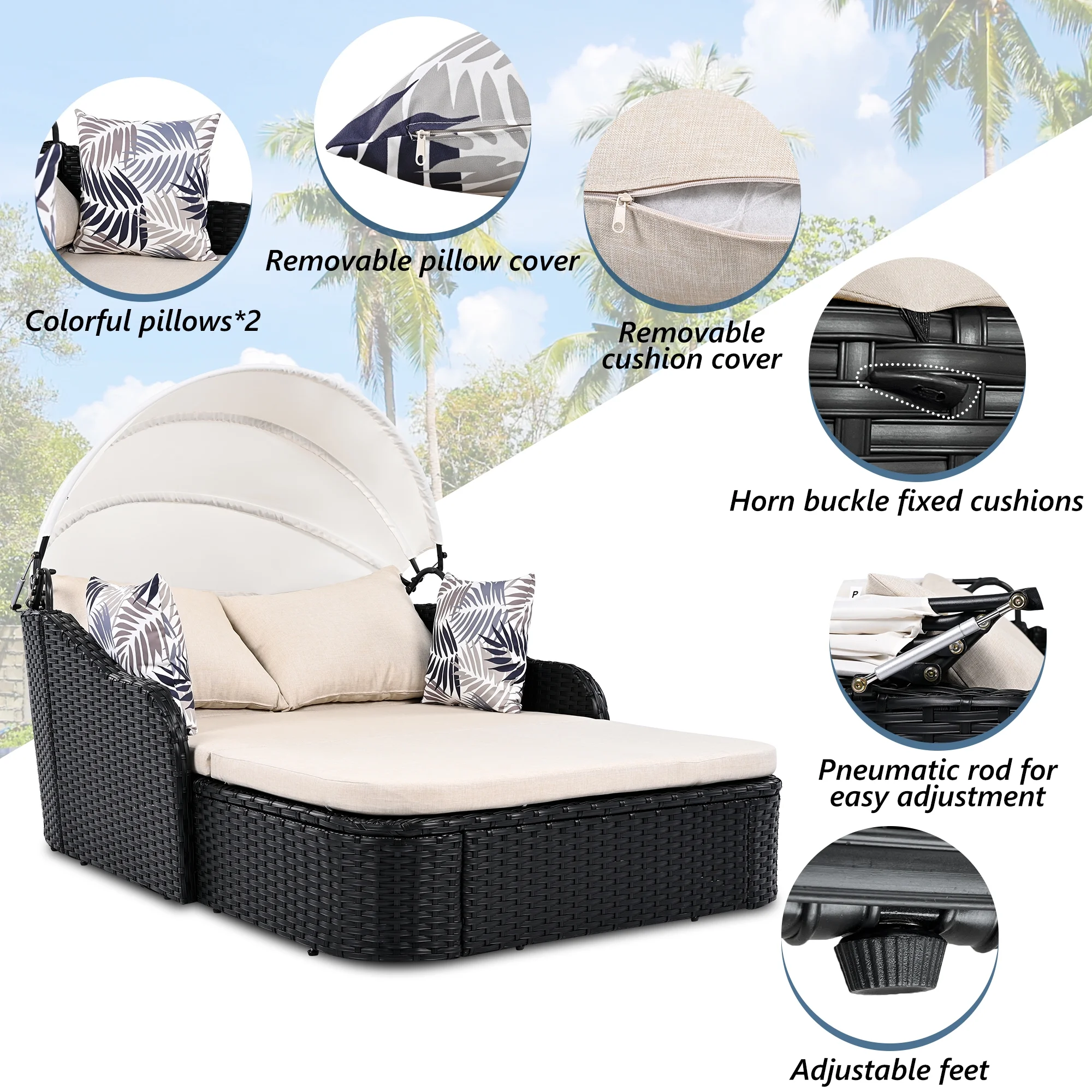 Harper & Bright Designs Rattan Outdoor Double Lounge Chaise 2-Person PE Wicker Outdoor Patio Sunbed with Canopy Cover for Backyard Garden Balcony, Beige+Black - Image 6