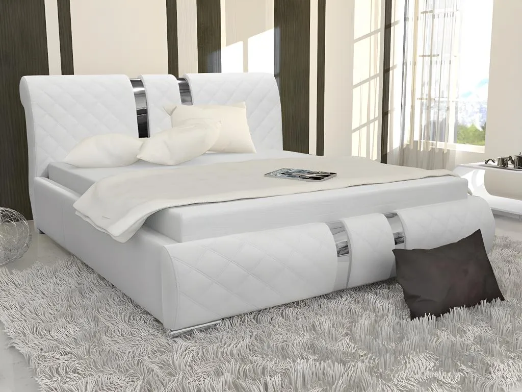 Cama Cosinor 103, doble, blanco, 160x200, cuero ecológico, somieres, 178x234x100cm san1701559