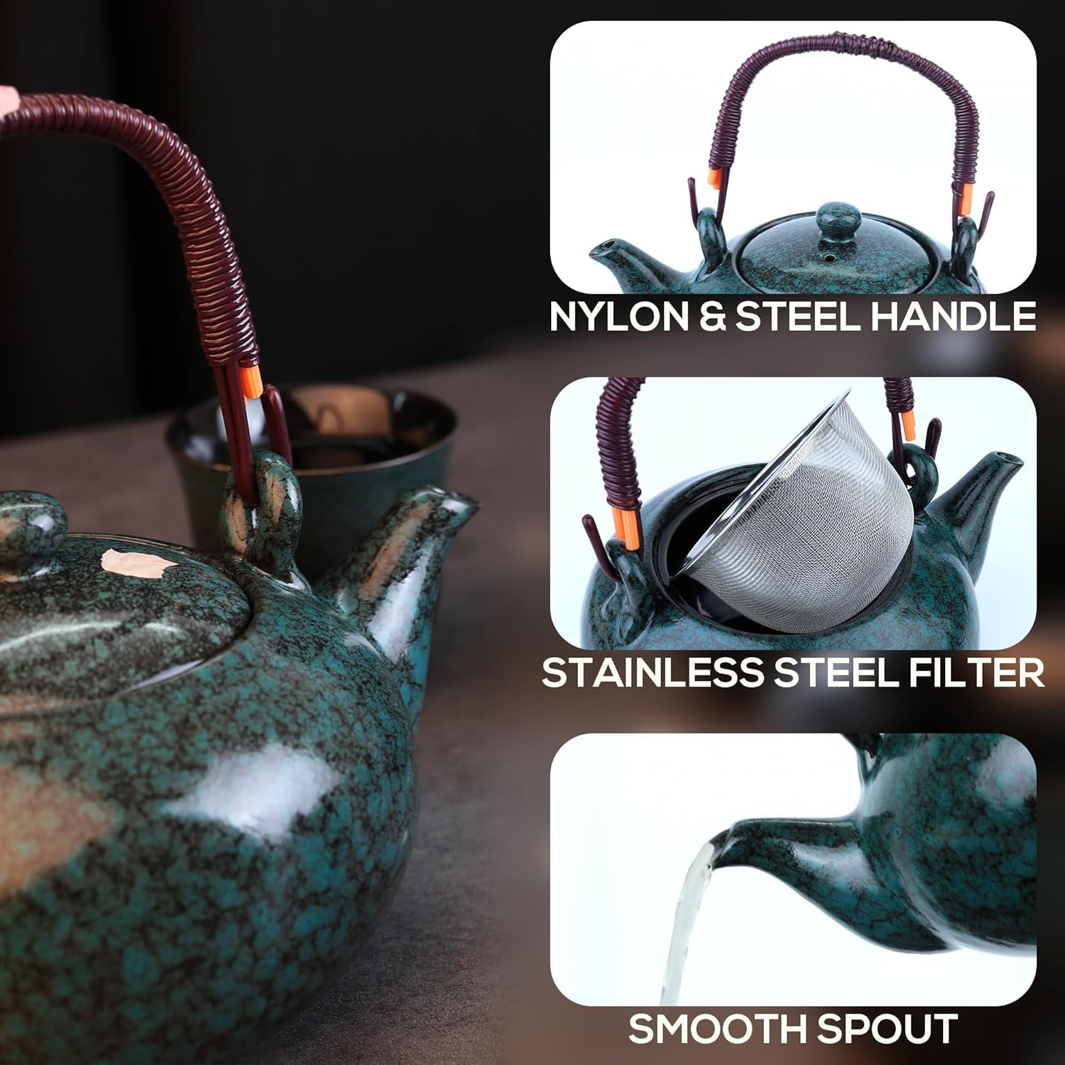 Japanese Tea Set, Japanese Style Porcelain Tea Sets for Adult, 1 Ceramic Tea Pot with Handle & 1 Stainless Steel Tea Filter & 6 Tea Cups (Fambe Blue)