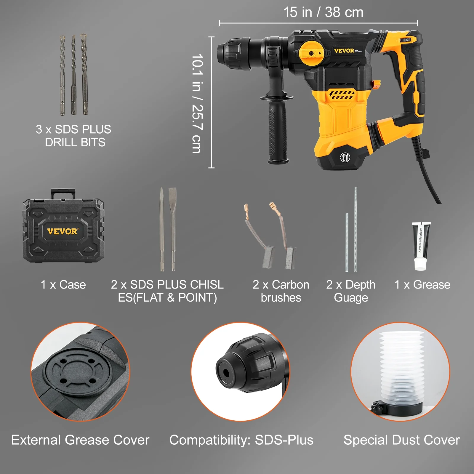 VEVOR 1-1/4inch SDS-Plus Rotary Hammer Drill, 13 Amp Corded Drills, Heavy Duty Chipping Hammers w/Vibration Control & Safety Clutch, Electric Demolition Hammers Variable Speed, Power Tool For Concrete - Image 7