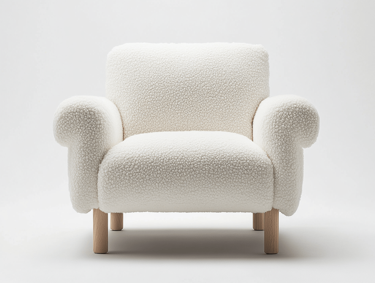 Sillón individual 80×75×80 cm – tapizado en borreguillo blanco con patas de madera clara – estilo acogedor escandinavo
