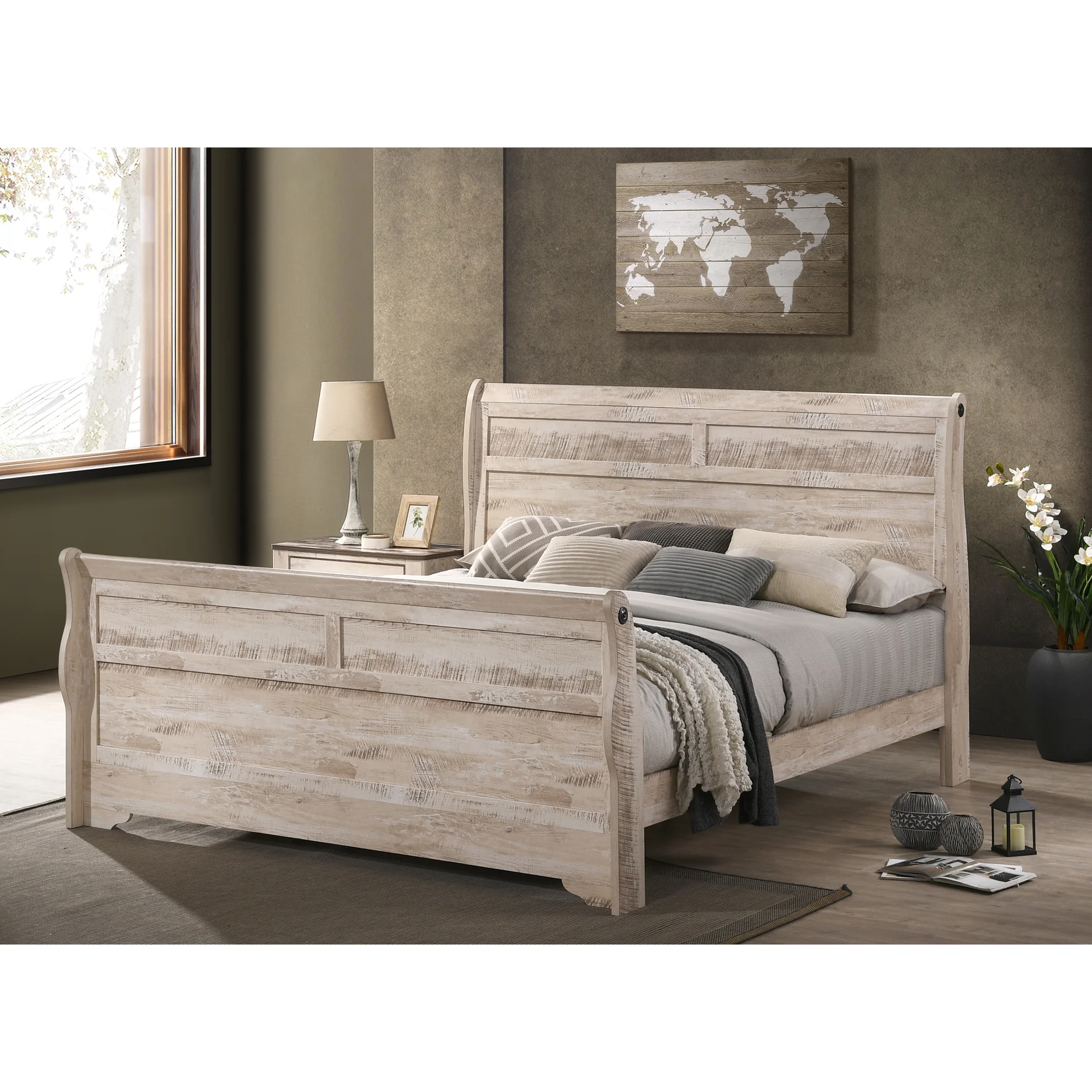 King Size Bedroom Furniture - Bed, Dresser, Mirror, Nightstands, Chest Rustic White Wash Style Urban - Image 3