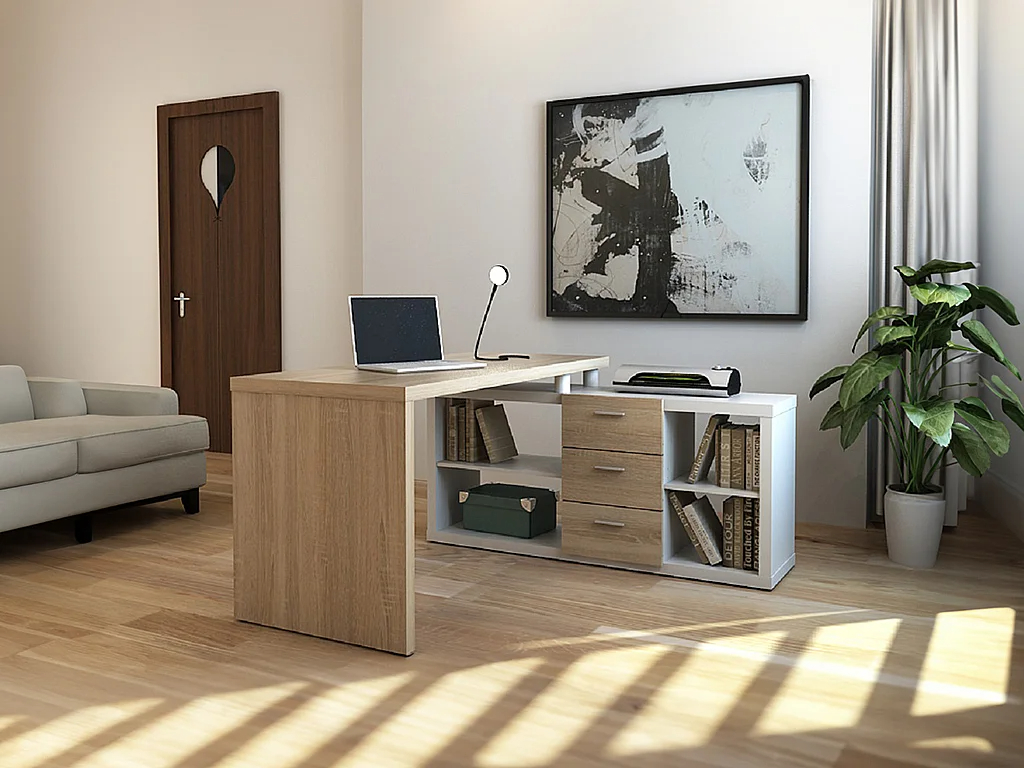 Escritorio rinconera con compartimentos ALDRIC III - Blanco y roble