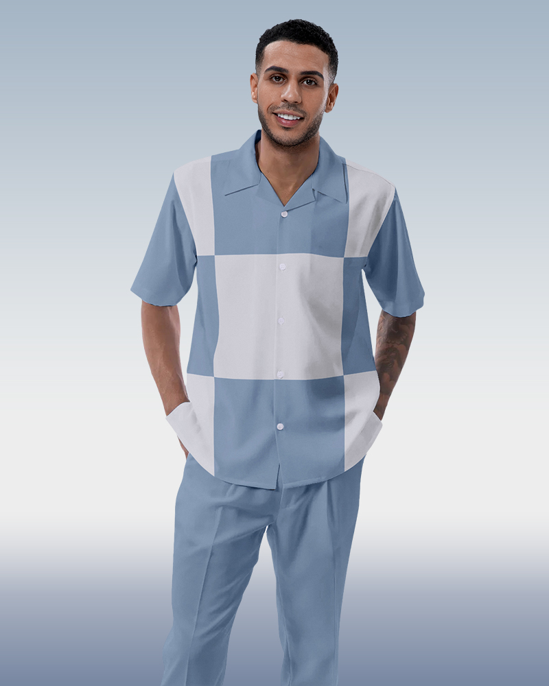 Blue Block Walking Suit 2-Piece Short Sleeve Suit