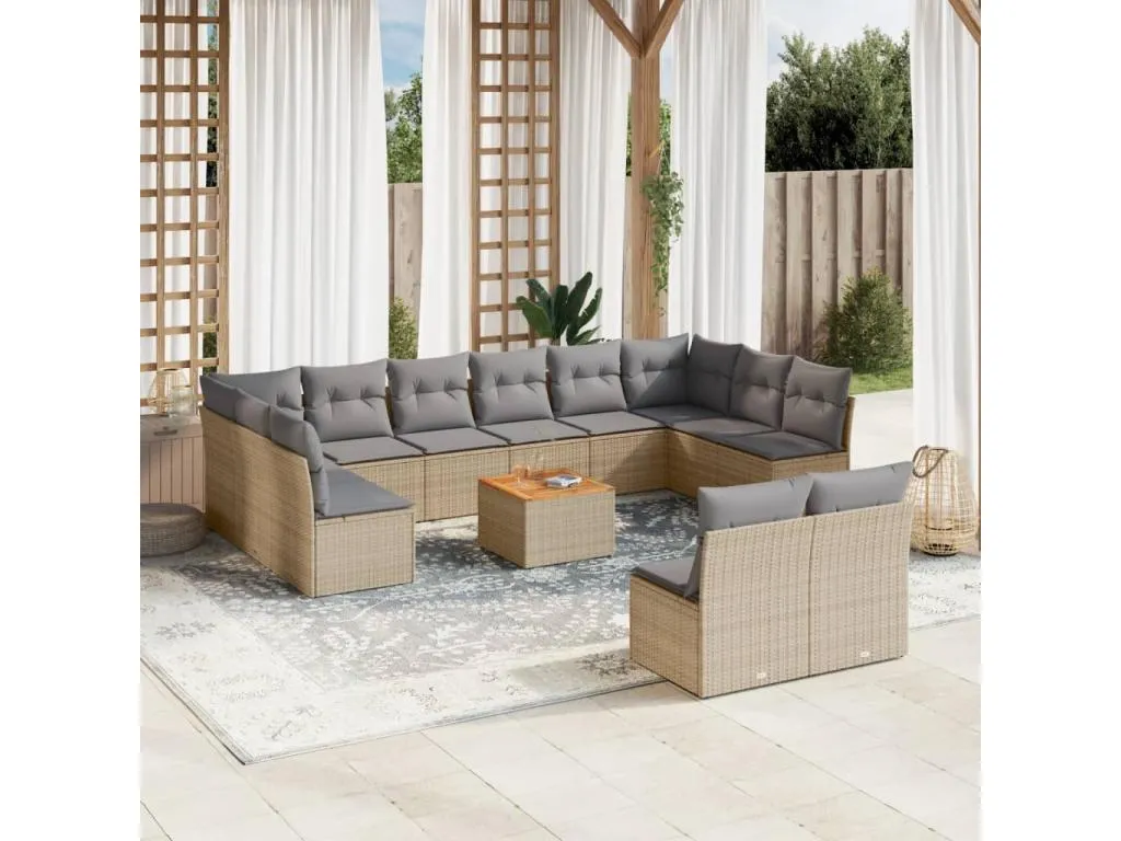 Set sofás de jardín con cojines 13 pzas ratán sintético beige ioeh19676