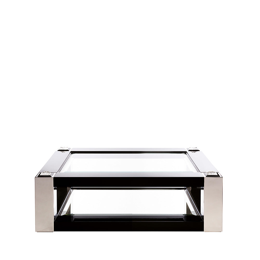 TABLE BASSE MASQUE DE FEMME - CRISTAL INCOLORE, LAQUÉ NOIR ET ACIER POLI