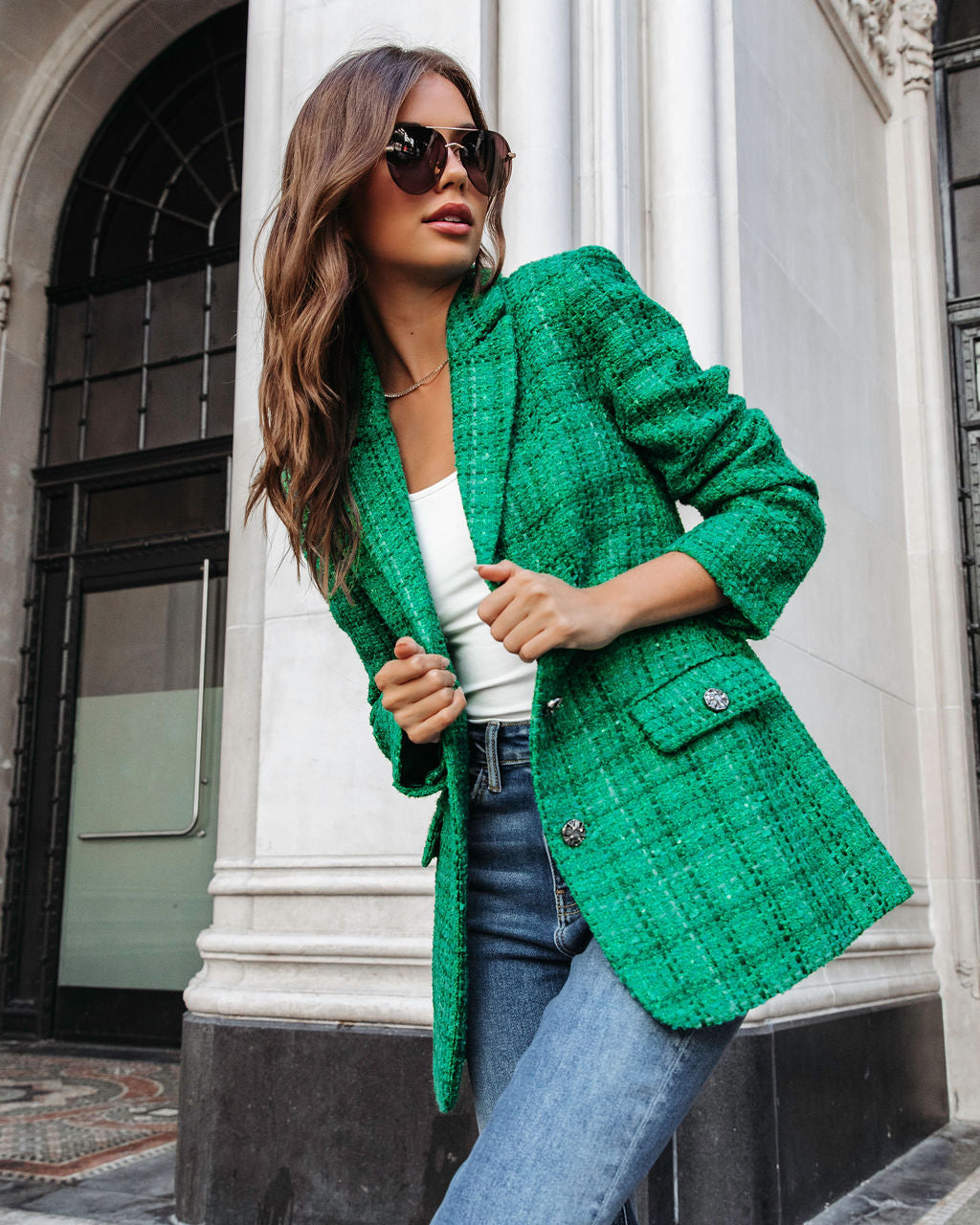 Priestly Pocketed Tweed Blazer - Emerald - Se7enfashion