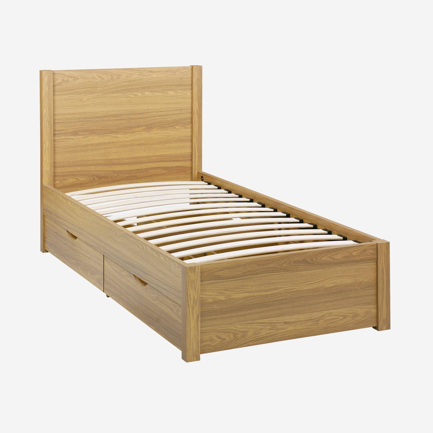 Nepal - Cama con somier de láminas y cabecero, 90x190cm + 4 cajones decorativos de madera