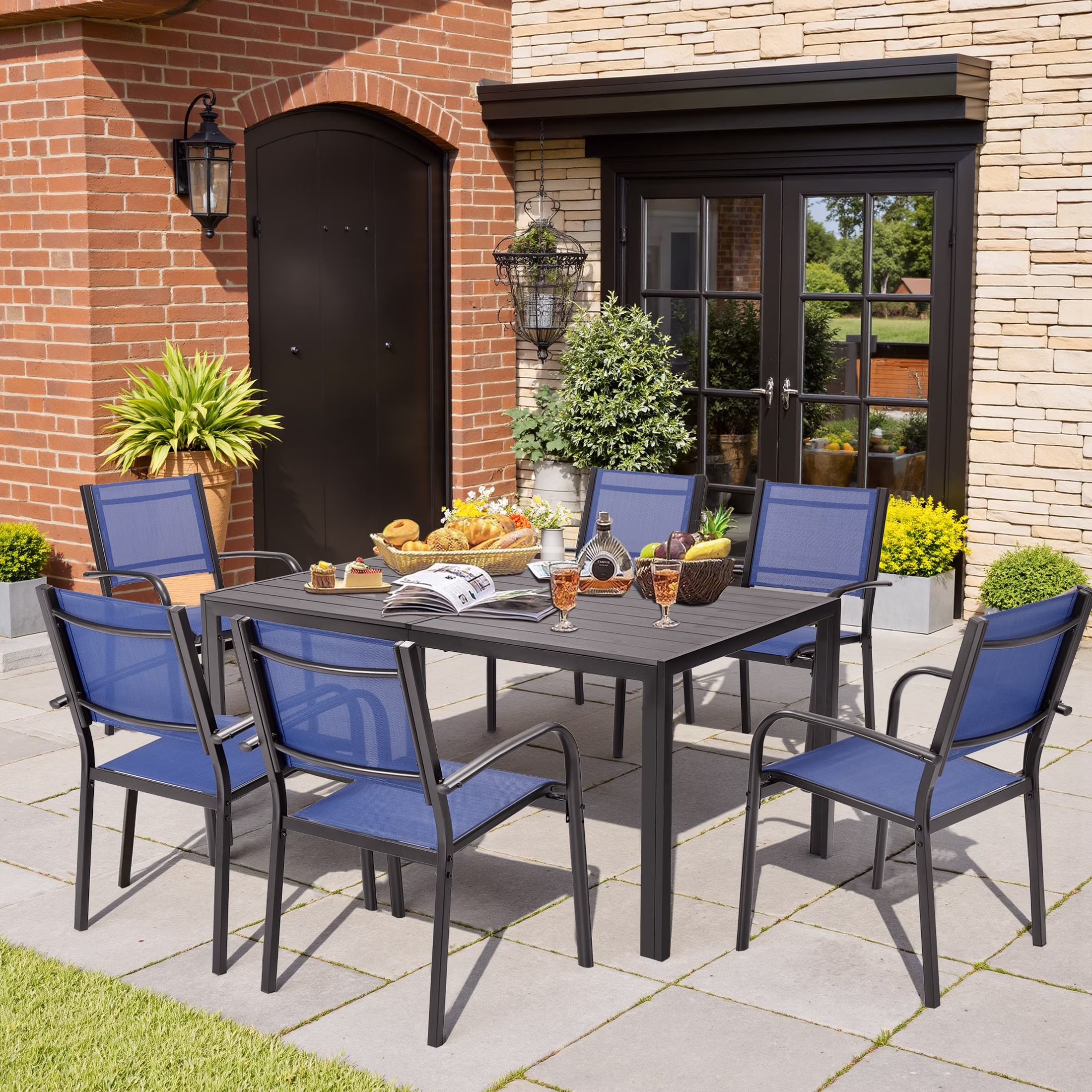 7 Piece Outdoor Dining Set, Patio Dining Table Set for 6 Persons, Garden Patio Textilene Dining Furniture Set with Plastic-Wood Tabletop, Dining Table Chairs Conversation Set for Deck Patio - Image 5