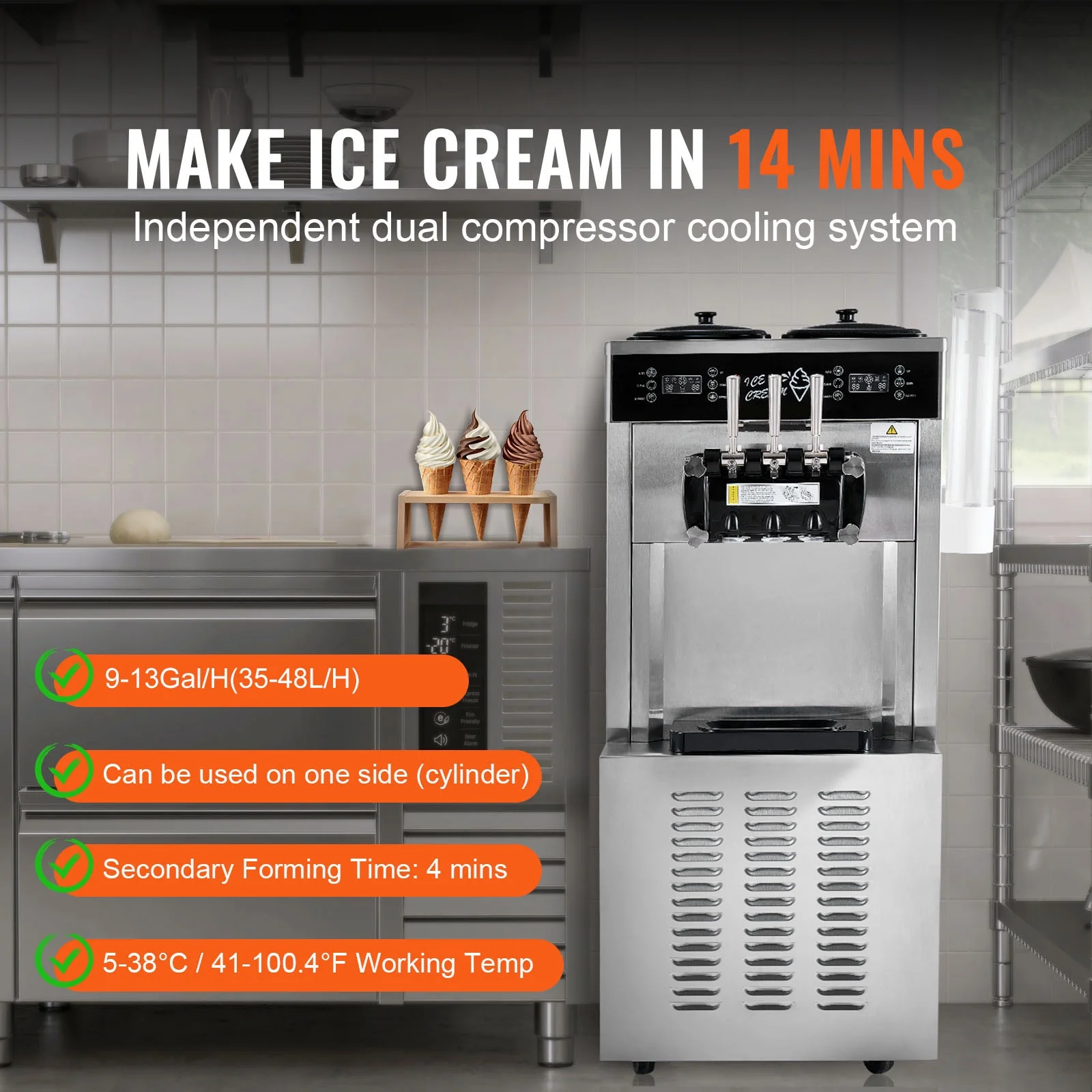KFFKFF Soft Serve Ice Cream Machine for Commercial Use, 34-44 L/H Production, 3400W, Triple Flavor, Freestanding Design, Dual 9L Stainless Hoppers, LED Control for Single Cylinder - Image 5