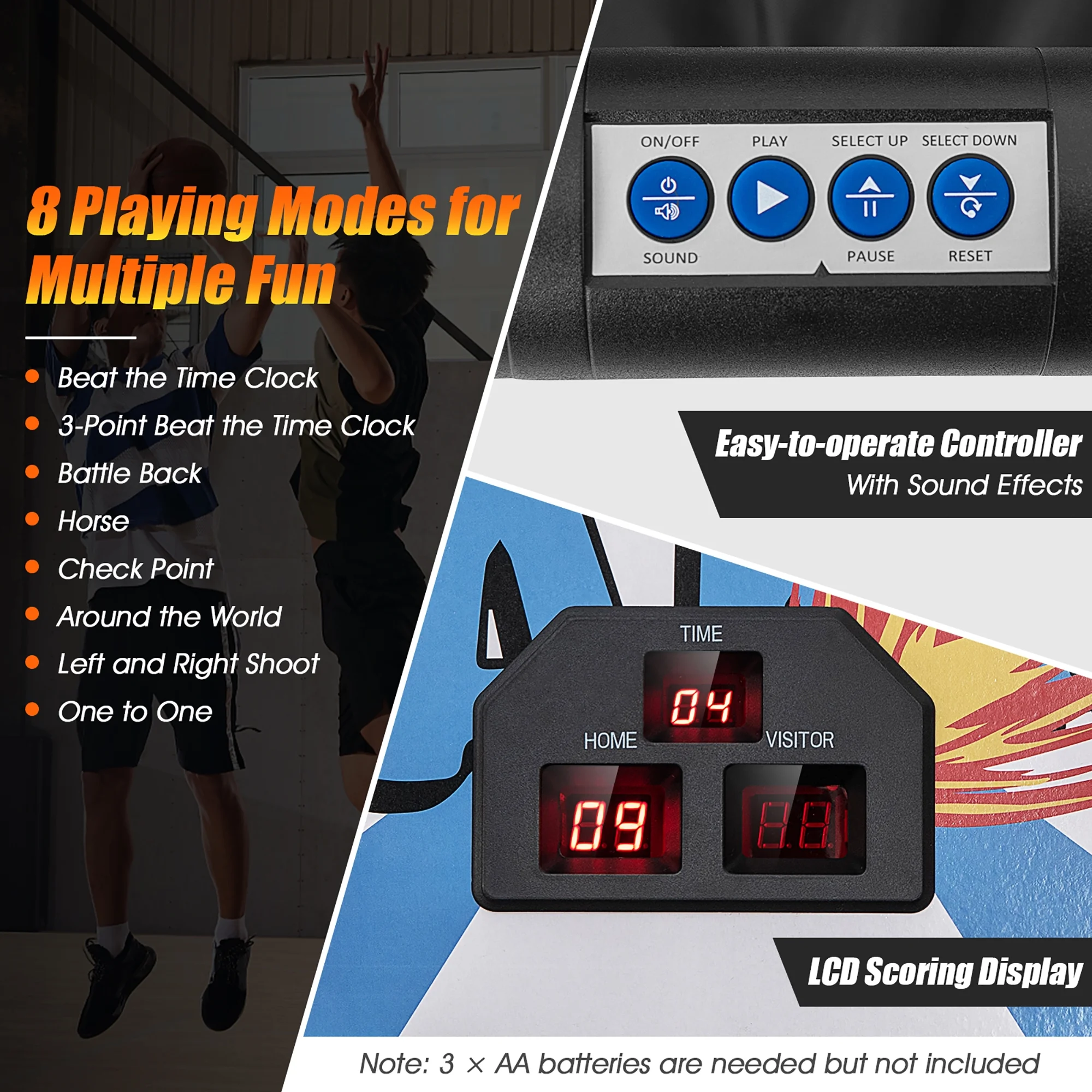 Costway Dual LED Electronic Shot Basketball Arcade Game with 8 Game Modes 4 Balls Foldable Grey - Image 13
