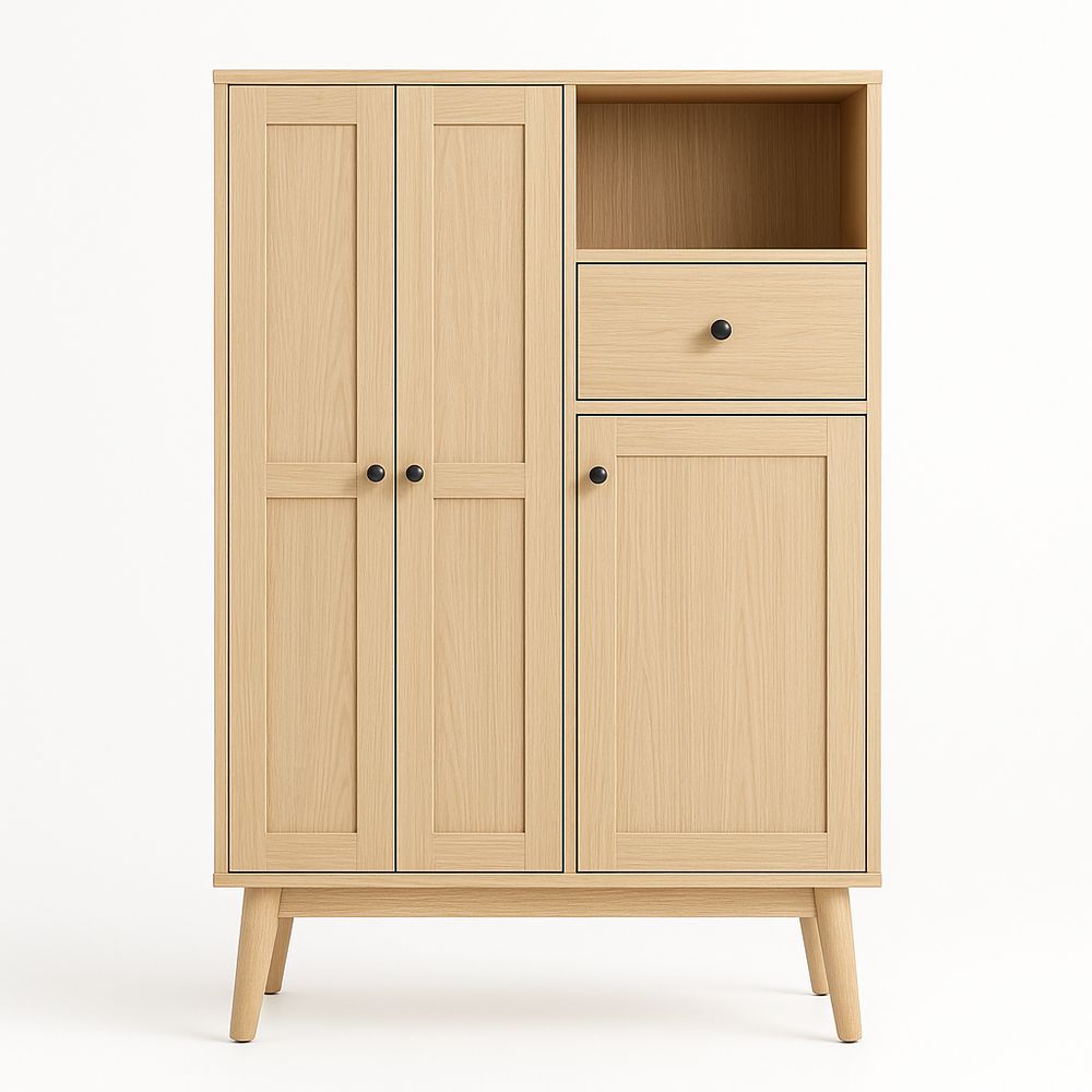 Armario de madera moderna, con estante y cajones, funcional y elegante, tamaño mediano, diseño nórdico