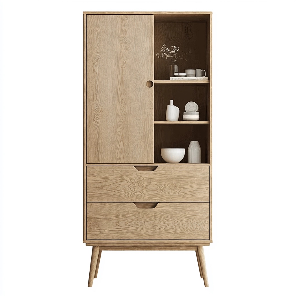 Armario multiusos de madera maciza con estantes abiertos y cajones para salón y comedor acabado en color natural 80x40x160cm YK3117265