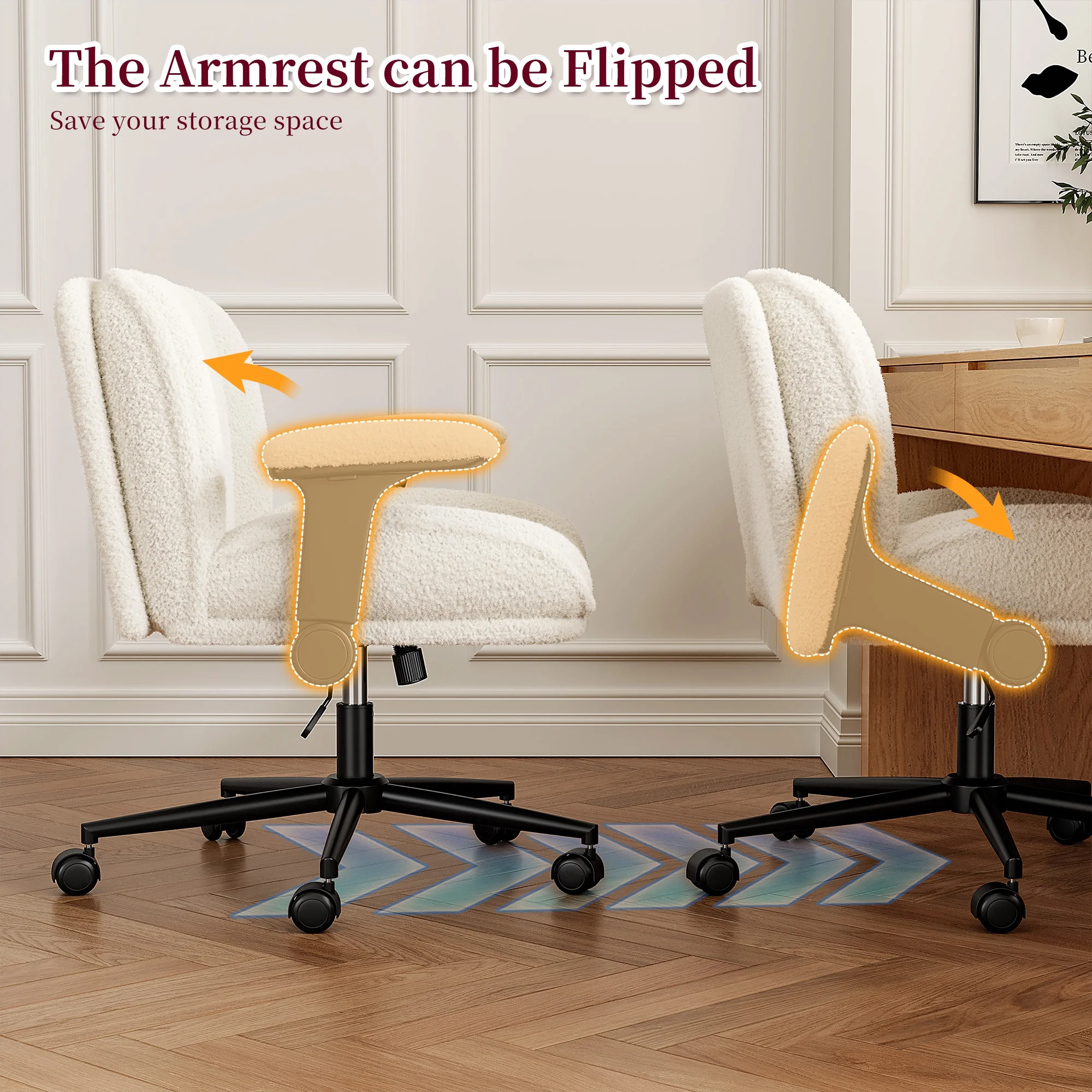 Romorgniz Criss Cross Chair with Adjustable Arms & Lumbar Support Office Chair with Reclining Back, Thick Cushion & Wheels for Office, Gaming, Reading, Vanity, Off-White - Image 2