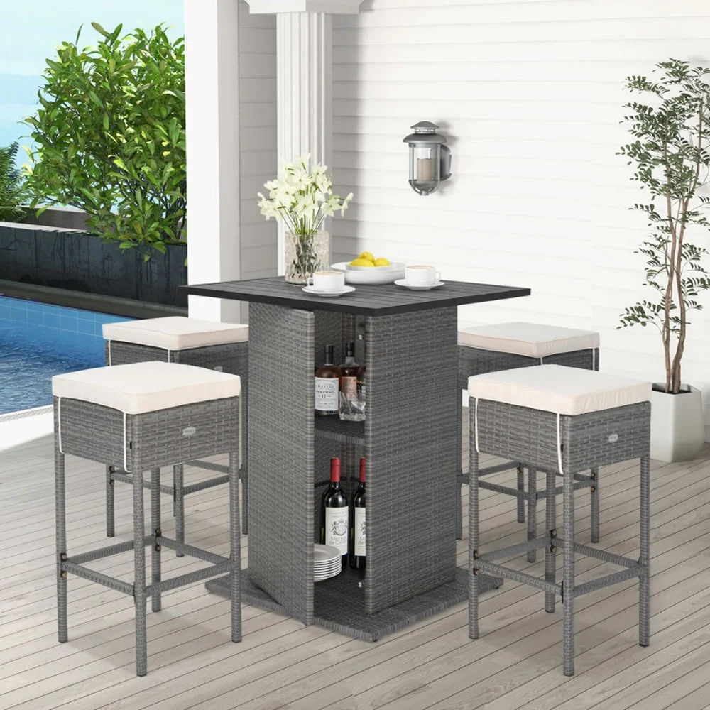 Topcobe 5 Pieces Outdoor Wicker Bar Table Set with Hidden Storage Shelves, Outdoor Patio Furniture for Garden Backyard Pool Deck-White - Image 12