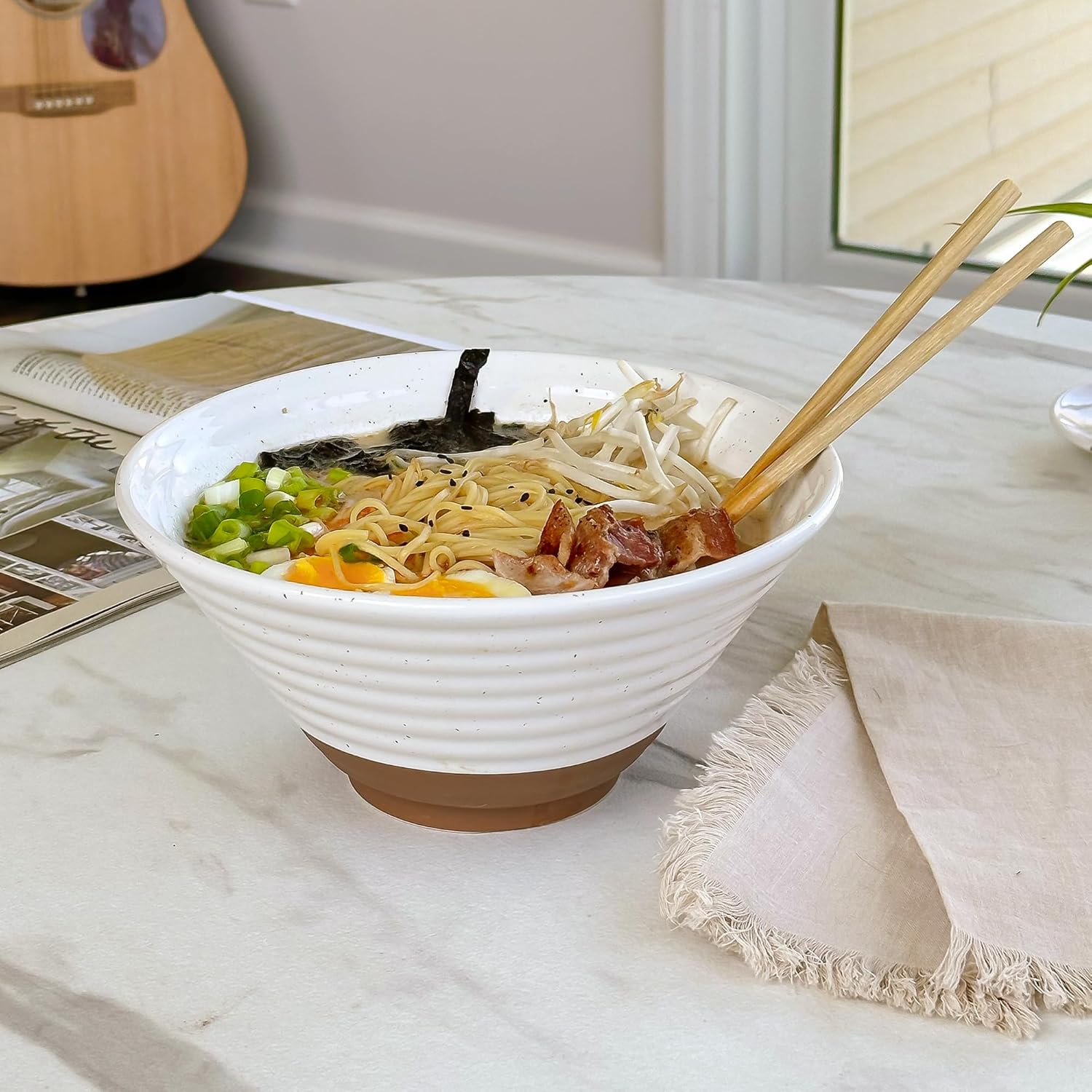 MORA Ceramic Ramen Bowl Set of 2, 45oz - Great for Pho, Miso Udon Soup, Instant Noodles, Serving, Thai or Asian Food - Microwave Safe Large Japanese Noodle Bowls, Modern Kitchen - Vanilla White