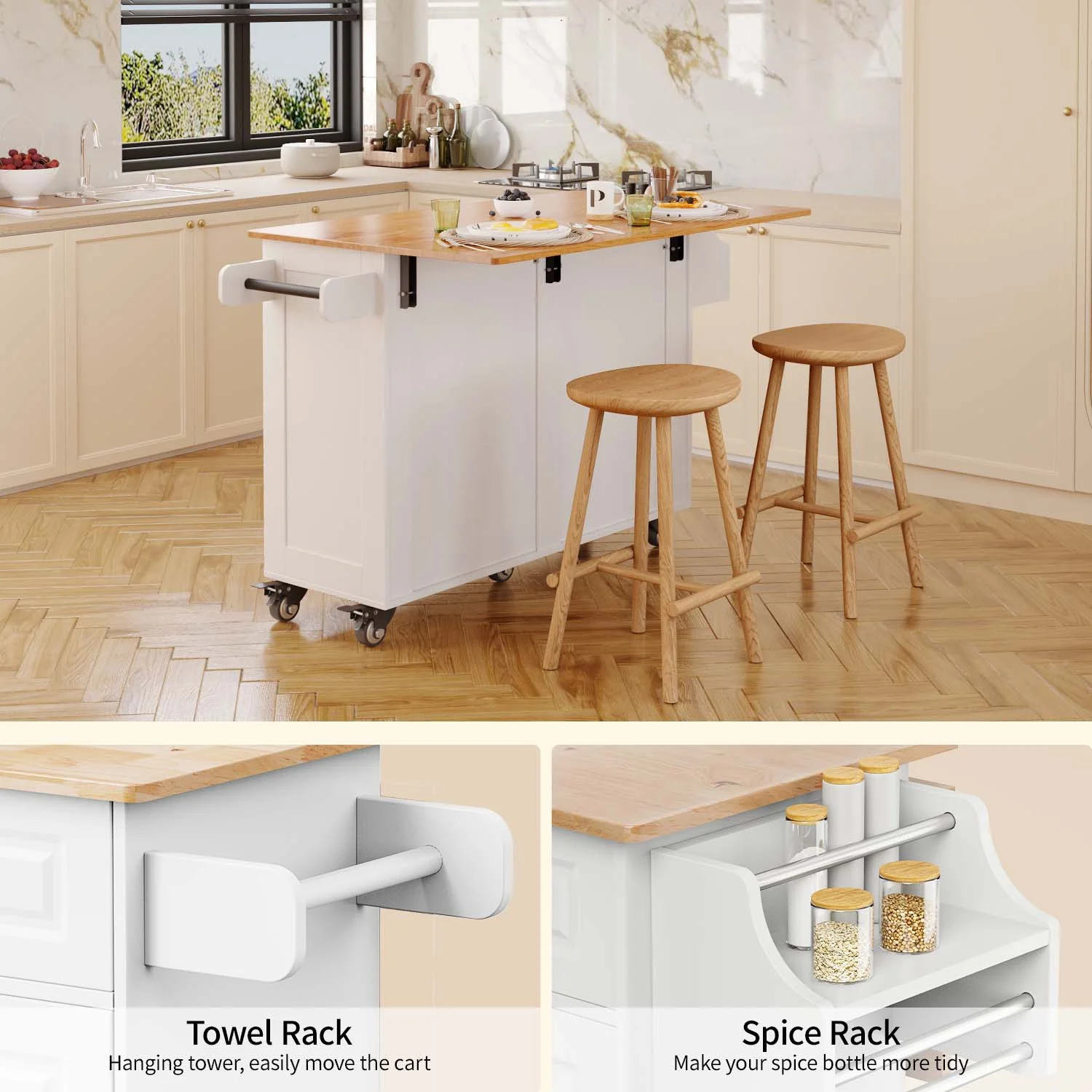 Lofka 52-Inch Kitchen Island with Storage on Wheels with Wood Drop Leaf, Ideal for Small Kitchens - Image 6